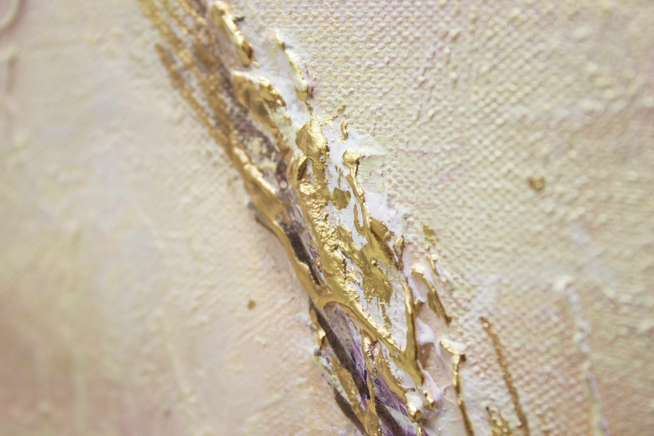 Gemälde YS-Art Gold Leinwand Handgemalt Bild Feld Blumen, Ährchen Morgentau, Lila