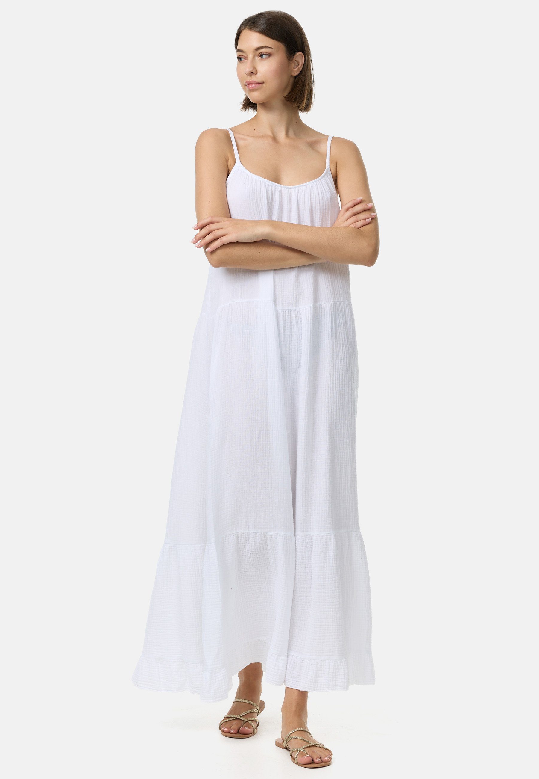 Rayshyne Maxikleid PM48 (Romantisches Maxikleid aus Musselin mit Spaghettiträgern) mit Rüschen, Atmungsaktiv, Hautfreundlich