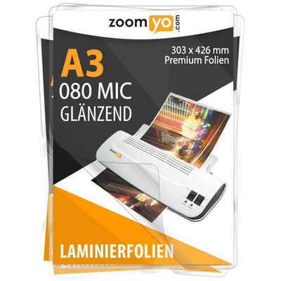 Zoomyo Schutzfolie Laminierfolien DIN A3, 100 Stück, glänzend, 2 x 80 Micrometer, für alle handelsüblichen Laminiergeräte