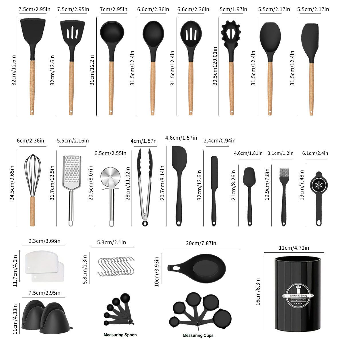 YMQHBS Kochbesteck-Set Küchenutensilien Set (43-tlg), Beste Küchenutensilien mit Halter (Set, 43-tlg., Löffel, Pfannenwender, Nudelportionierer, Pizzarädchen, Reibe), Tortenstreicher,Messbecher,Fettpinsel,Backofenhandschuh,Haken