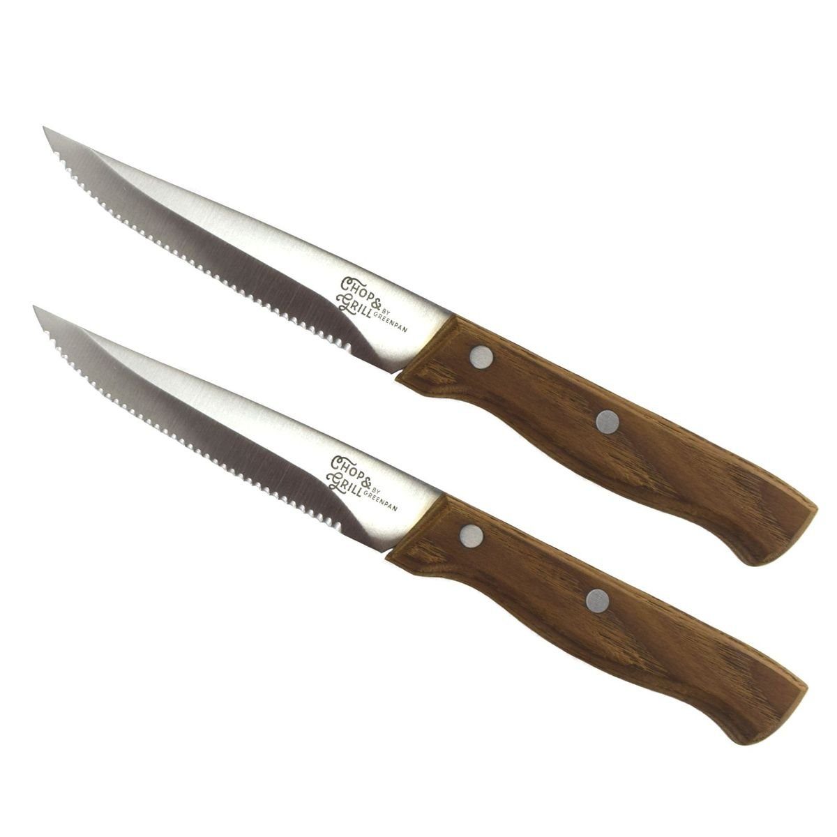 GREENPAN Universalküchenmesser Steakmesser aus Edelstahl mit Holzgriff ca. 22 cm Messer-Set 2-tlg., scharf durch Wellenschliff (gezahnt)