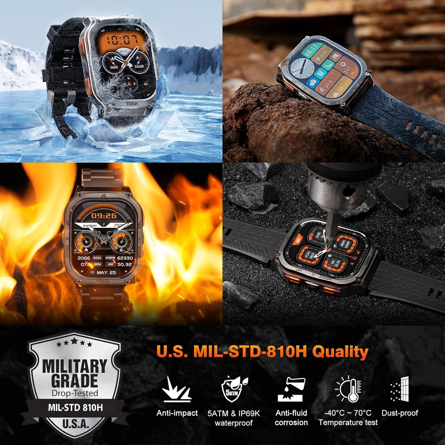 KOSPET TANK M3 Ultra Smartwatch (4,9 cm, Android iOS), Military Smartwatch mit AMOLED Display, 170 Sportmodi, IP69K Schutz