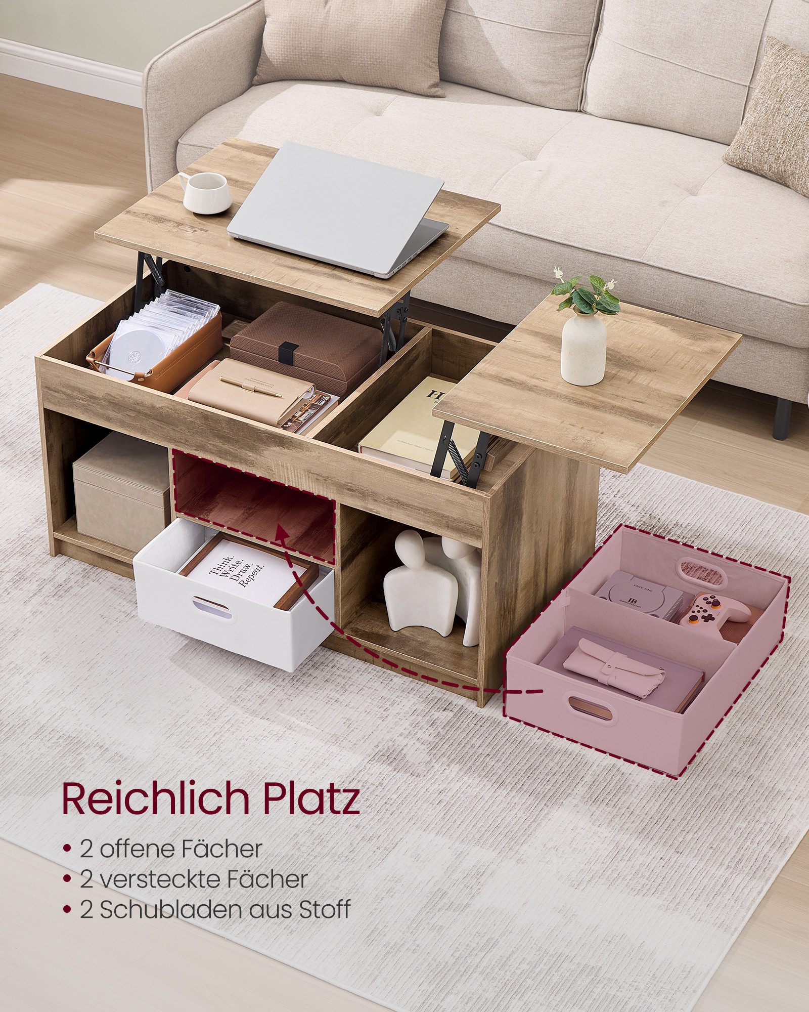 VASAGLE Couchtisch höhenverstellbarer Wohnzimmertisch, für Wohnzimmer, Homeoffice (inkl. Zubehörpaket & Anleitung), 2 Schubladen und versteckte Fächer, Kaffeeti – Bild 5 von 5