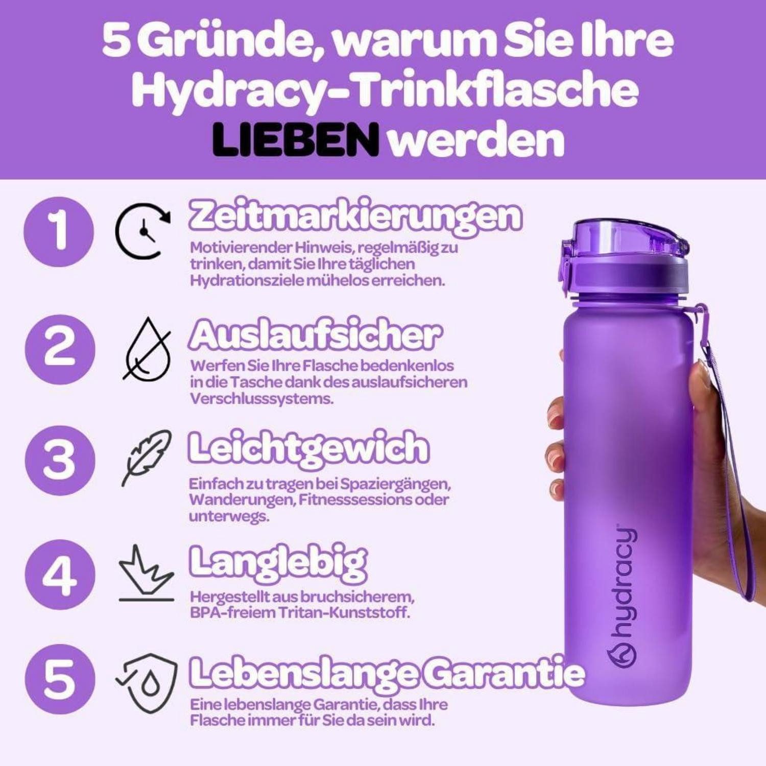 LuxusKollektion Trinkflasche Trinkflasche Zeitmarkierung BPAfrei 1L Strohhalm Berry Blue
