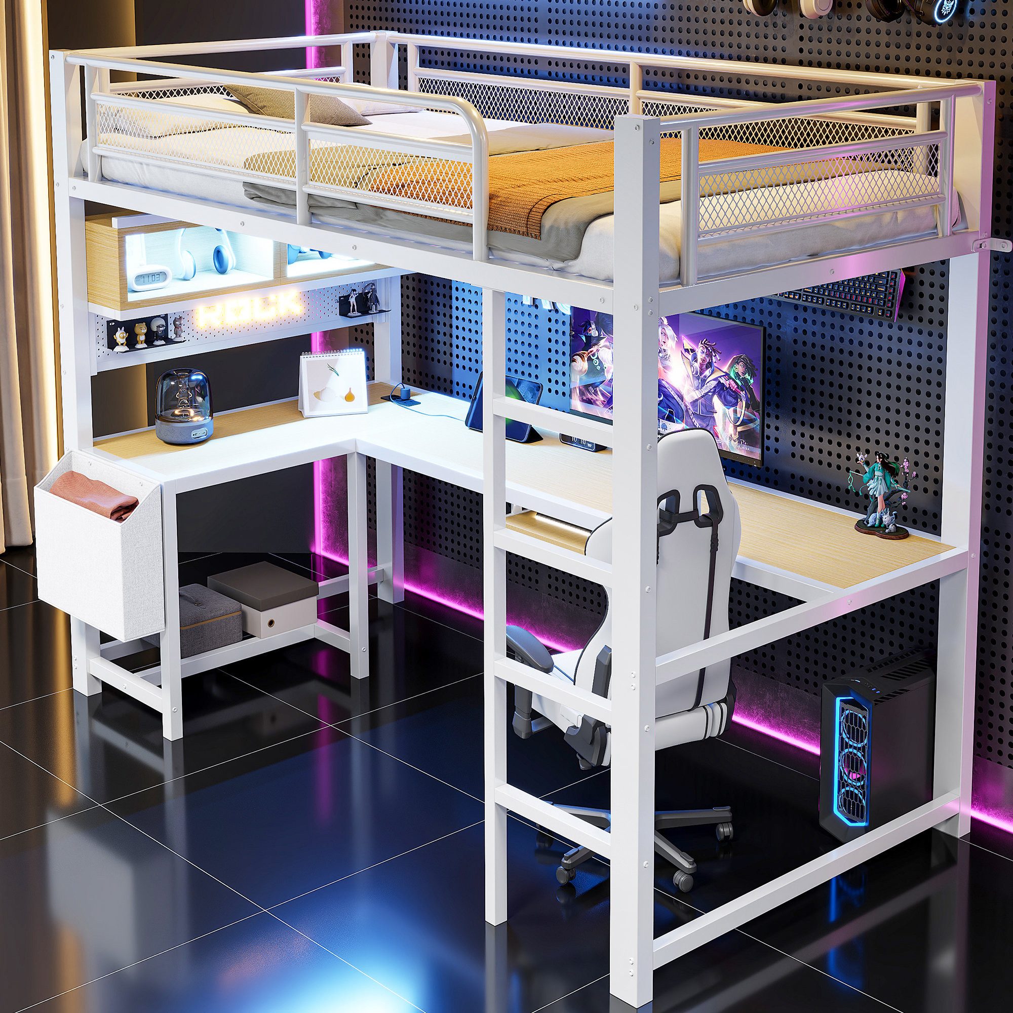Odikalo Hochbett Jugendbett Bettgestell mit Schreibtisch Staufächern LED (90 x 200 cm) Gaming-Hochbett mit Tastaturablage Ladestation Robustes Eisengestell Mehrere Stauräume)