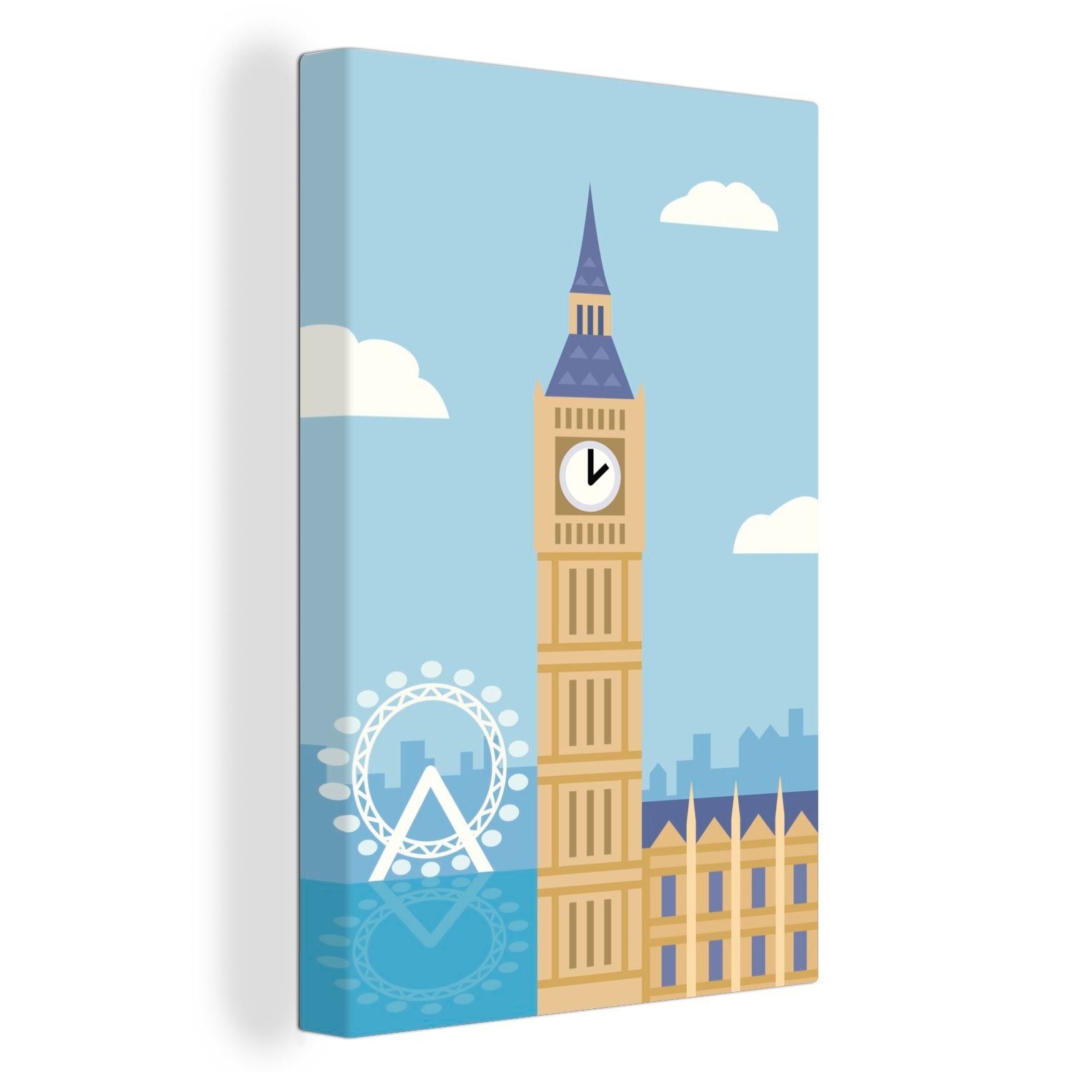 OneMillionCanvasses® Leinwandbild Illustration des Big Ben vor einem blauen Hintergrund neben dem London, (1 St), Leinwandbild fertig bespannt inkl. Zackenaufhänger, Gemälde, 20x30 cm