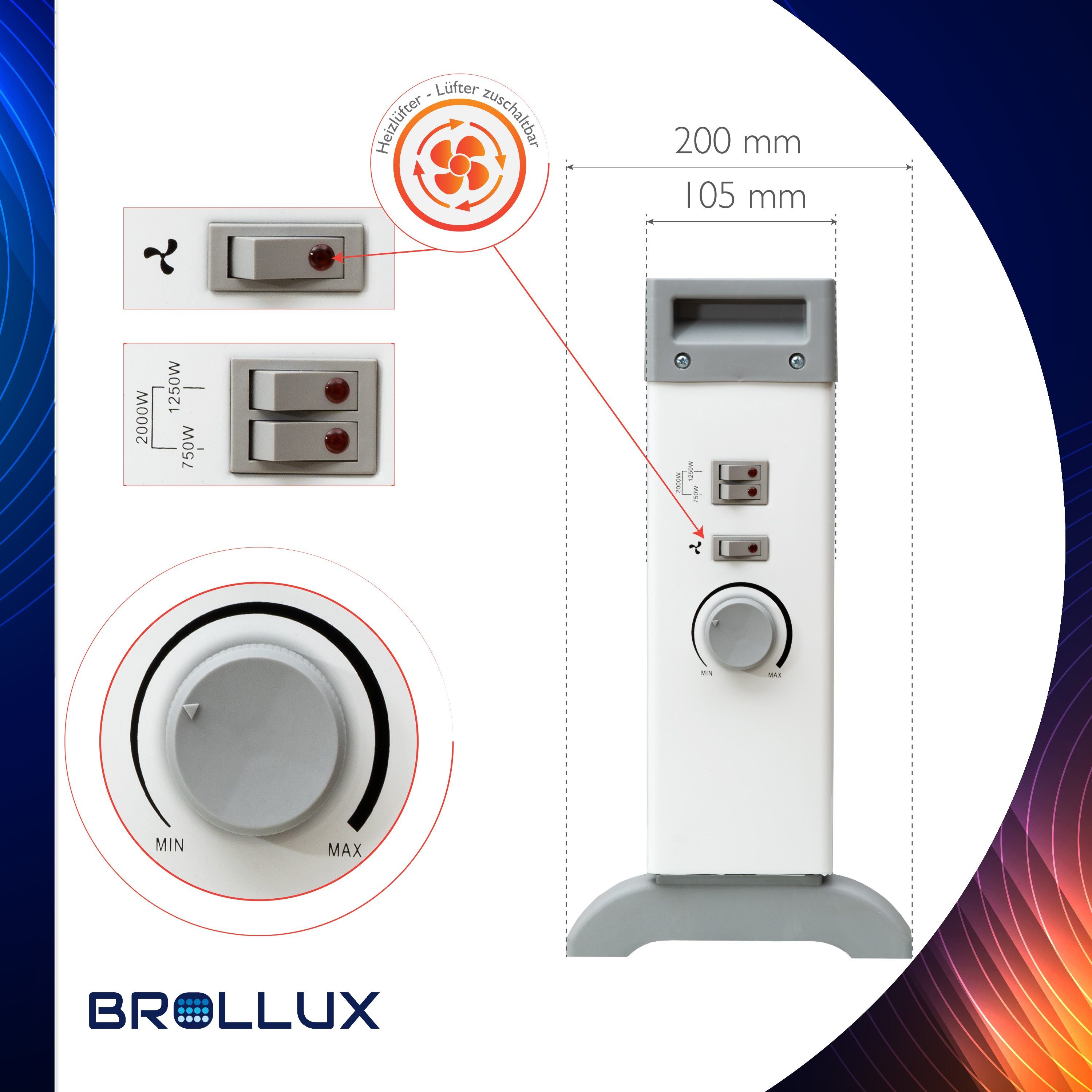 W, Elektroheizung 2000 Konvektor Heizgerät Thermostat Lüfter Heizgerät mit Ventilator BROLLUX mobiles OBK1, mit