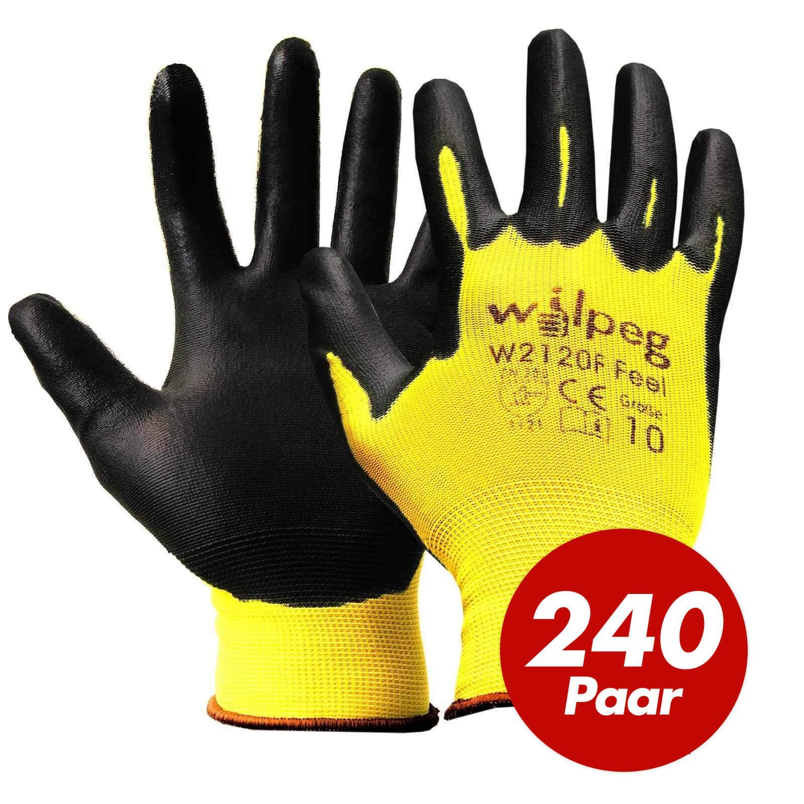wilpeg® Nitril-Handschuhe WILPEG PU Feel 240 Paar VPE Nylon-Strickhandschuhe (Spar-Set) Garten für W2120F schwarz/gelb 