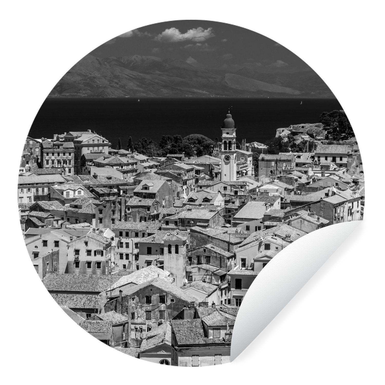 MuchoWow Wandsticker Korfu - Griechenland - Insel - Schwarz - Weiß (1 St), Tapetenkreis für Kinderzimmer, Tapetenaufkleber, Rund, Wohnzimmer