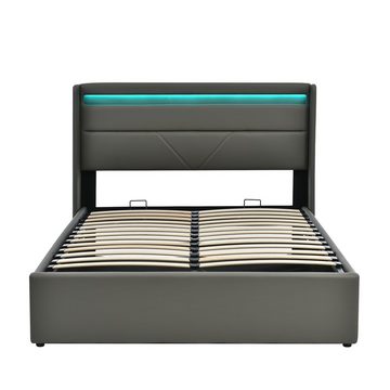 BlingBin Polsterbett Stauraumbett Doppelbett mit LED-Leuchten 160x200cm Grau (mit Großer Bettkasten und Fernbedienung), mit Bettkasten und Lattenrost, Gesamtabmessung 202x166x107.5 cm (TxBxH)