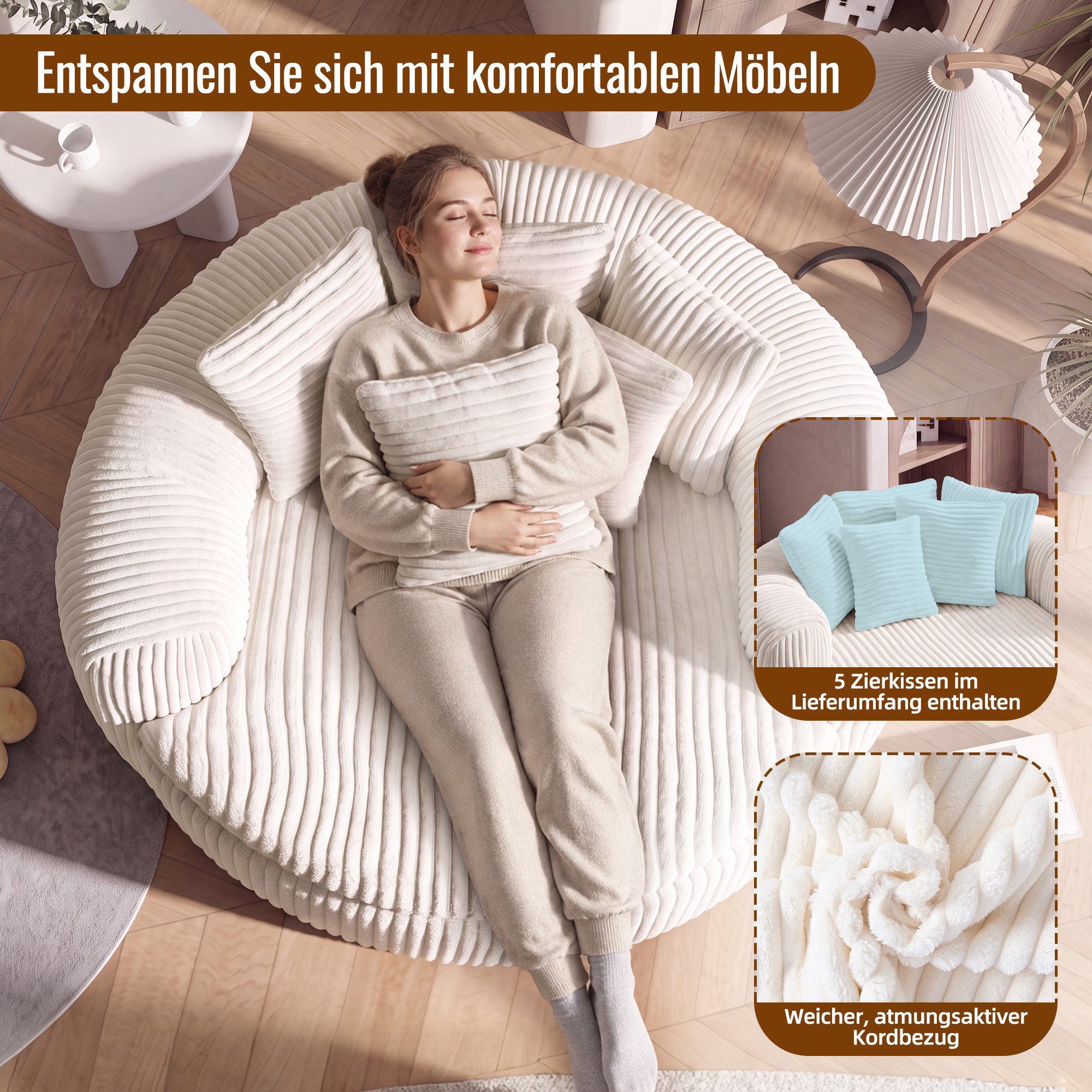 i@home Sitzsack Loungesessel Cord gepolstert, Relaxsessel Bodensessel (1 St., extrabreiter Sitzfläche und Armlehnen, rutschfest), Sessel mit Taschenfedern, 5 Ki – Bild 4 von 5