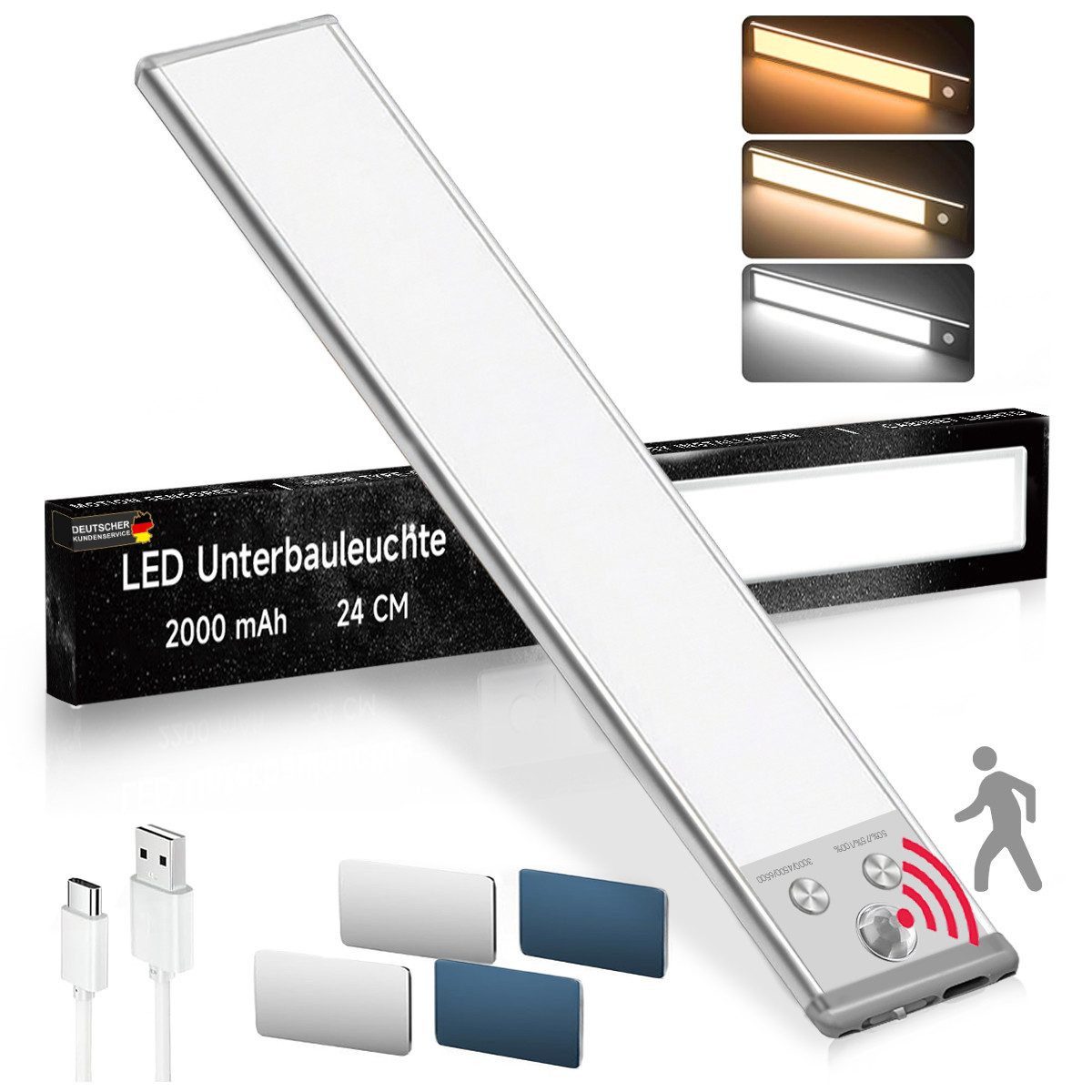 FOSMET LED Unterbauleuchte LED Unterbauleuchte mit Bewegungsmelder-88 LEDs/2200 mAh/24cm&30cm, USB-C wiederaufladbar,Einfach Montage Stark,schrankbeleuchtung, Warmweiß (3000 K), Neutralweiß (4500 K), Kaltweiß (6500 K), Ideal für Küche, Kleiderschrank, Schlafzimmer, Flur, Treppen-Szenen