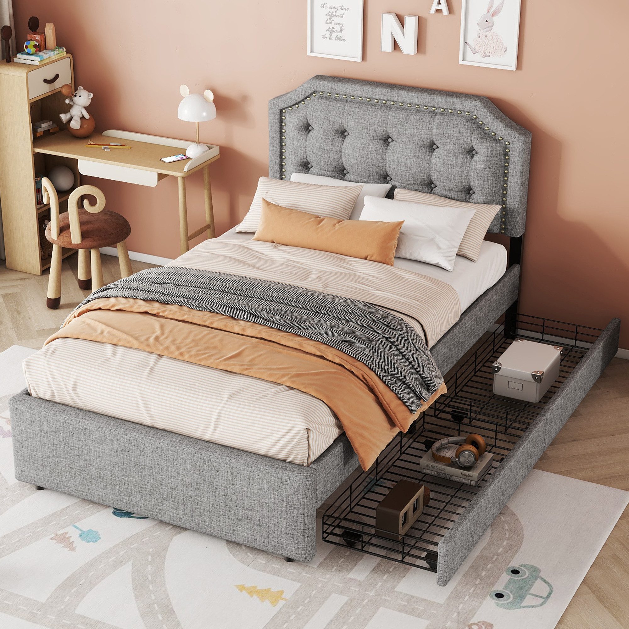 STILVORA Kinderbett 90×200 Polsterbett mit Stauraum,Bett mit Lattenrost,ohne matratze