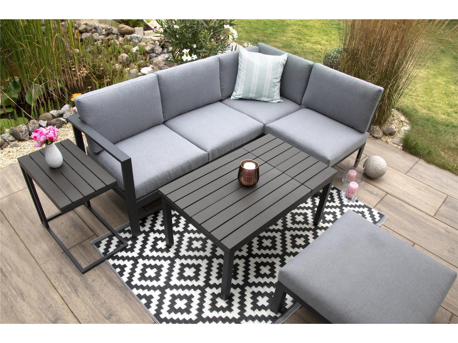 bellavista - Home&Garden® Gartenlounge-Set »Braga« Lounge Set Alu Ecklounge Loungemöbel Sitzgruppe Gartenmöbel, (Set, 5-tlg., 1x Eckbank (2x 2-Sitzer Bank), 1x Hocker, 1x Tisch, 1x Beistelltisch), grau, Aluminium, für 5 Personen, wetterfest - Garten, Terrasse