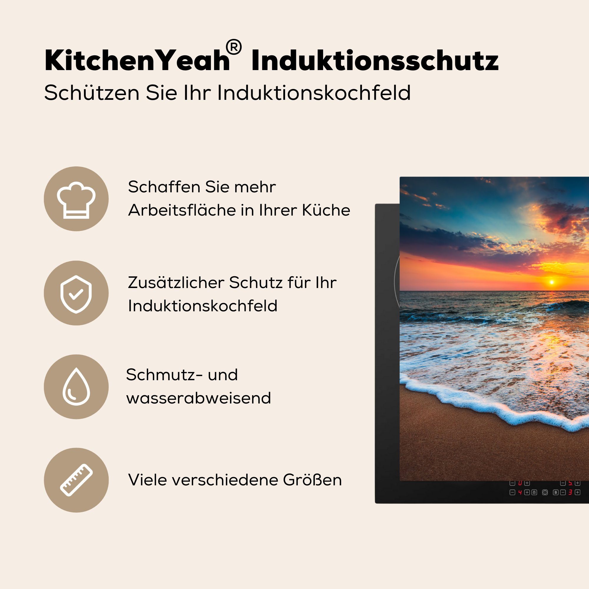 59x52 Herdblende-/Abdeckplatte küche, für Sonnenuntergang, die (1 tlg), Strand MuchoWow Meer cm, Vinyl, - Ceranfeldabdeckung - Induktionsmatte
