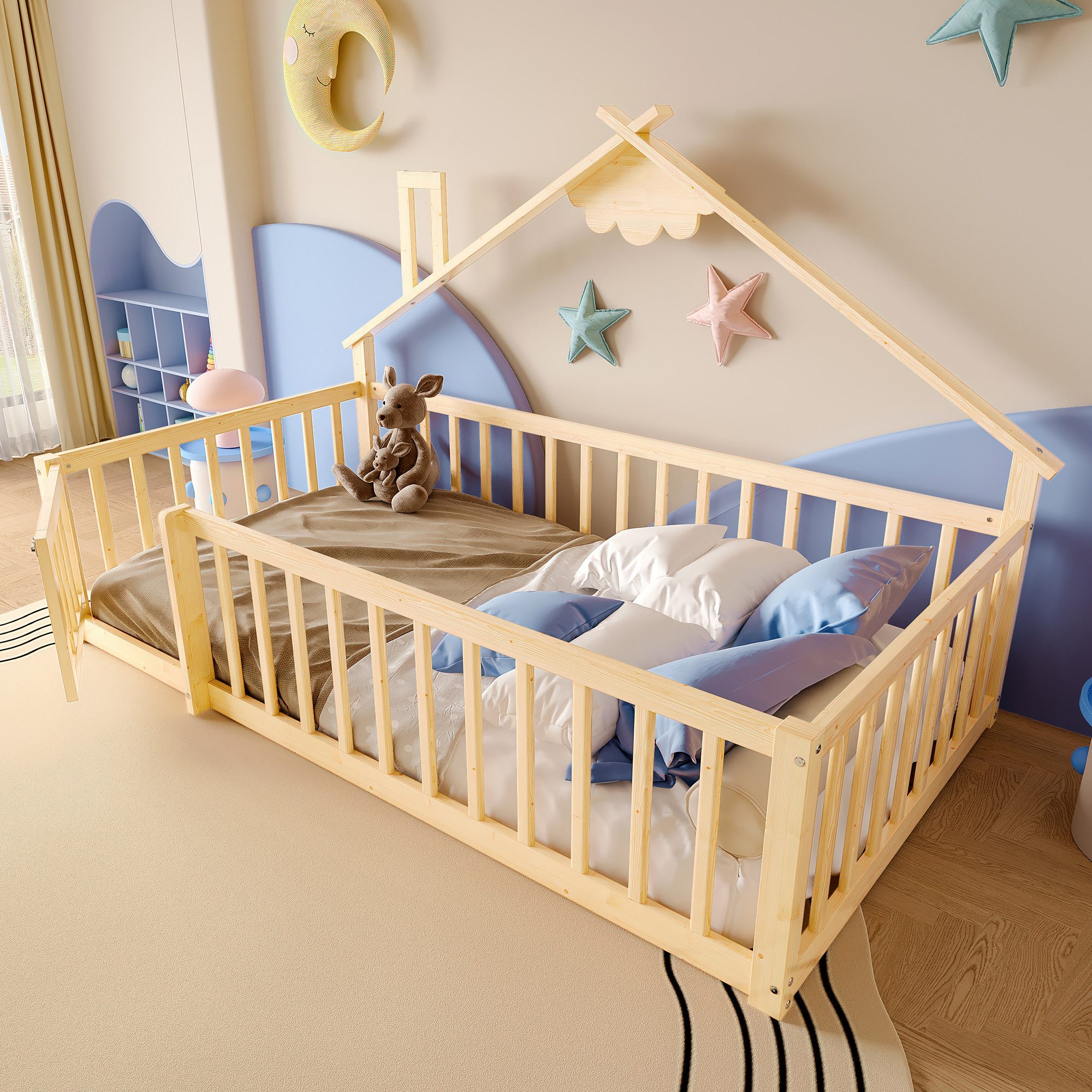 STILVORA Kinderbett 90x190 mit Hausleiste,Holzbett Jugendbett mit Schloss-Geländer,Natur (aus Kiefernholz mit Geländer & Schloss, Hausbett 90x190 cm, ideal für Spielzimmer & Schlafbereich), ohne Matratze