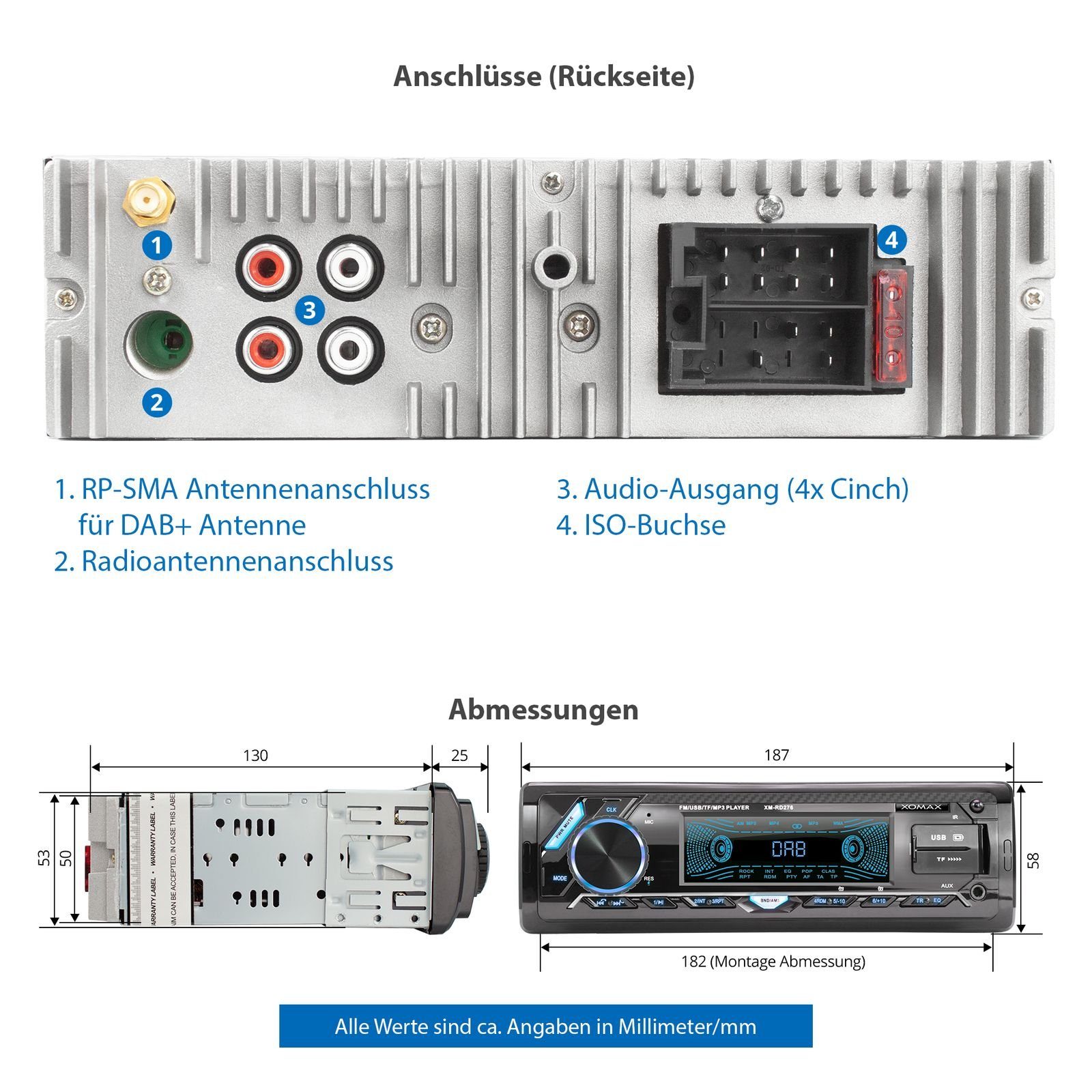 XM-RD276 DIN plus, 1 Autoradio DAB+ SD, XOMAX Bluetooth, mit 2x USB, Autoradio AUX,