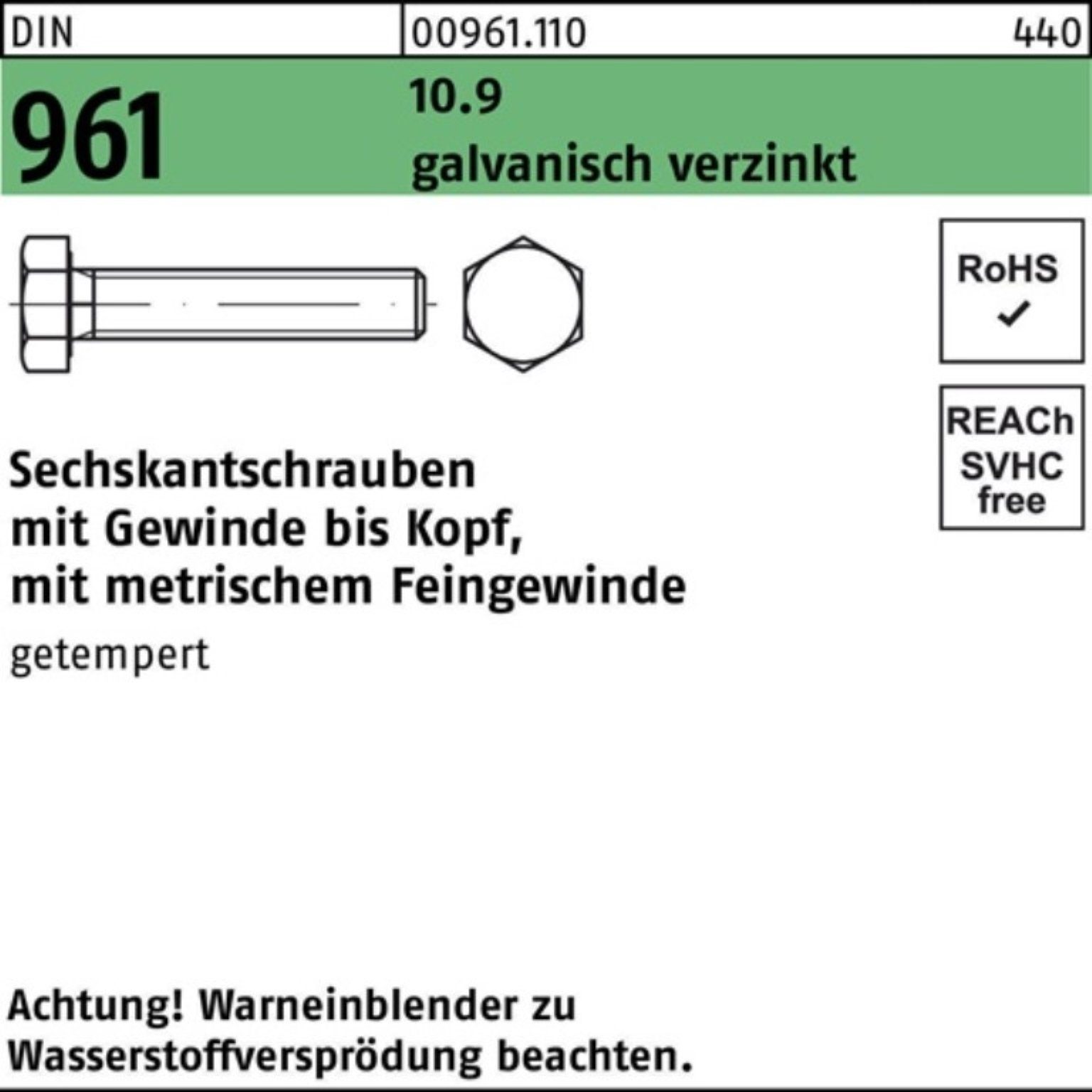 Reyher Sechskantschraube 100er Pack Sechskantschraube DIN 961 VG M14x1,5x 70 10.9 galv.verz. 50 | Schrauben