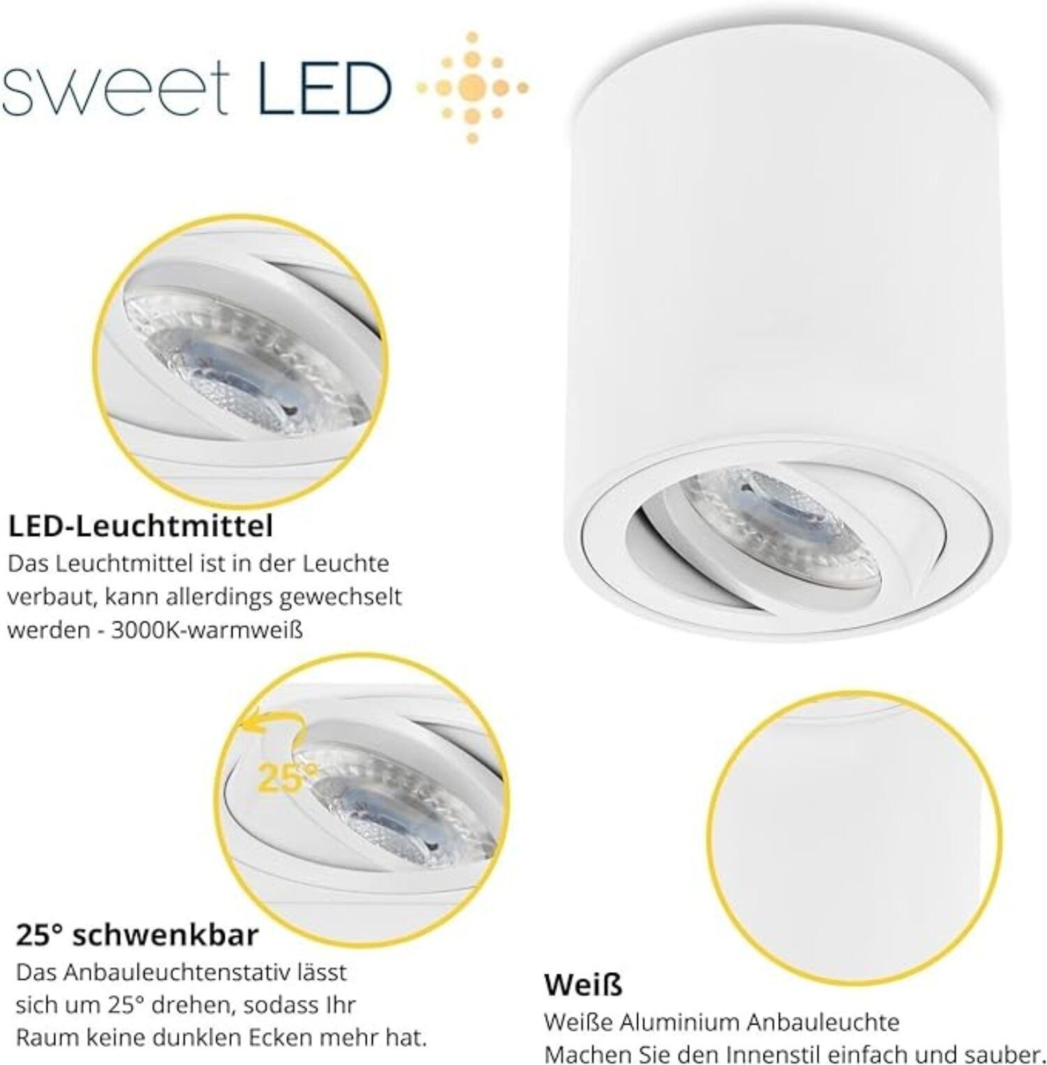 Sweet LED LED Aufbaustrahler 4er Set Alu Deckenspots GU10 7W 230V Aufbauspots weiß rund, LED wechselbar, Warmweiß, LED Deckenlampe, Deckenstrahler