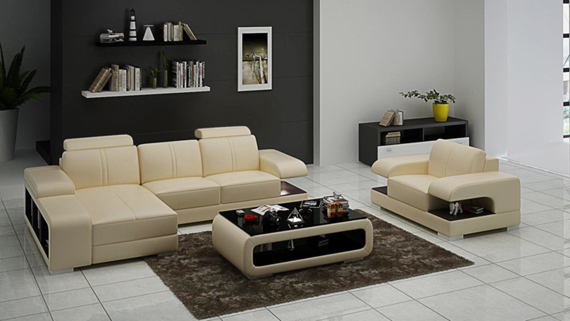 JVmoebel Polstergarnitur Moderne Ledercouch mit Eckelement und Sessel in zeitlosem Design, (Sofa + SESSEL G8028E), Made in Europa