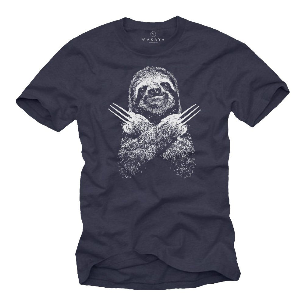 MAKAYA T-Shirt Herren Faultier Print Lustig Sloth Aufdruck Männer Geschenke Jungen mit Druck, aus Baumwolle Blau