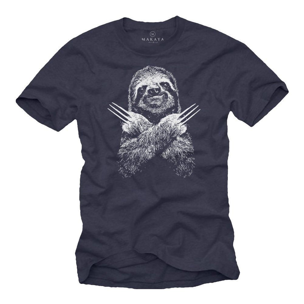 MAKAYA T-Shirt Herren Aufdruck mit Druck, Faultier Männer Baumwolle Geschenke Jungen Blau Lustig aus Print Sloth