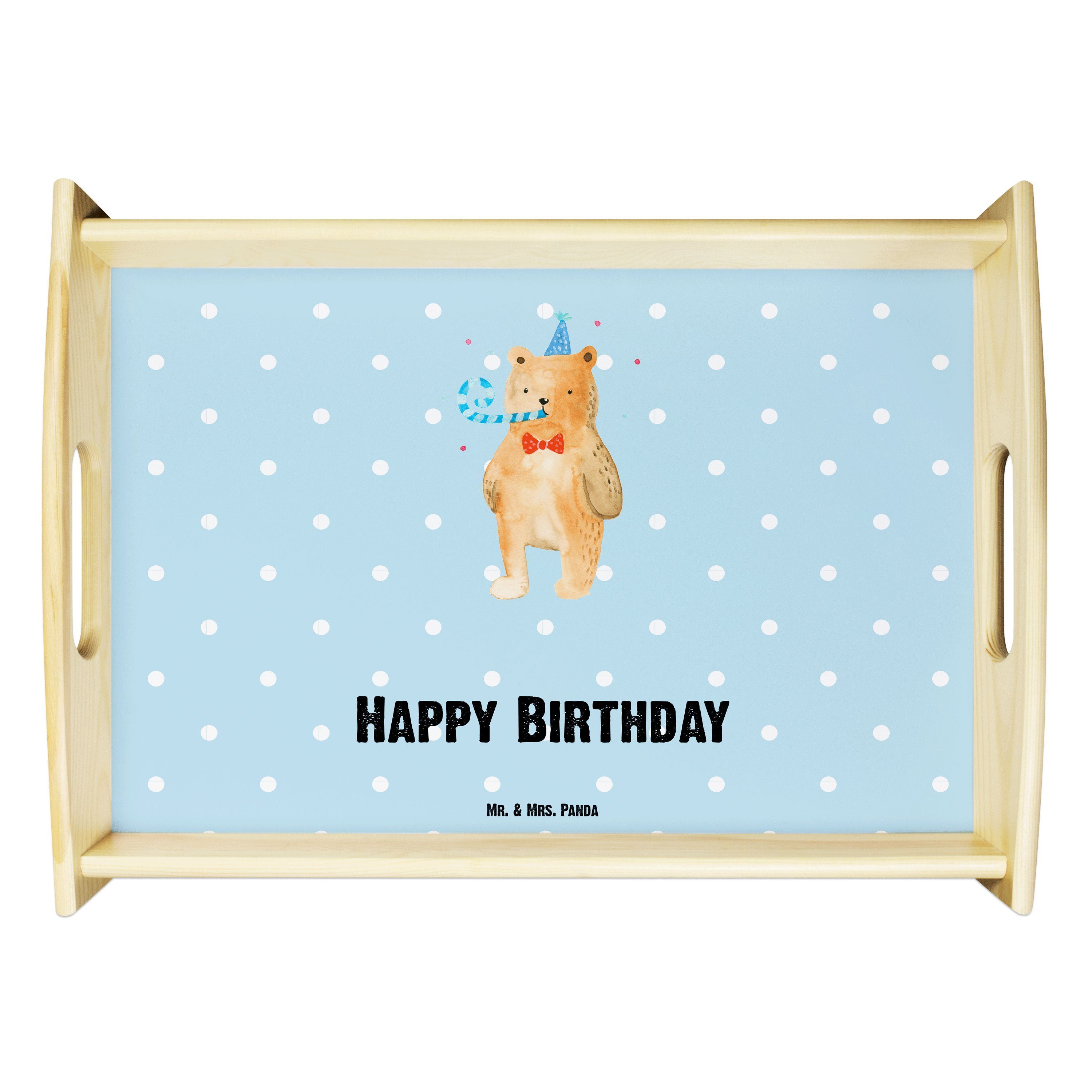 Birthday & Tablett Geschenk, (1-tlg) Echtholz Pastell Tablett, Mrs. Blau Bär - Teddy, - lasiert, Holztablett, Panda Mr.