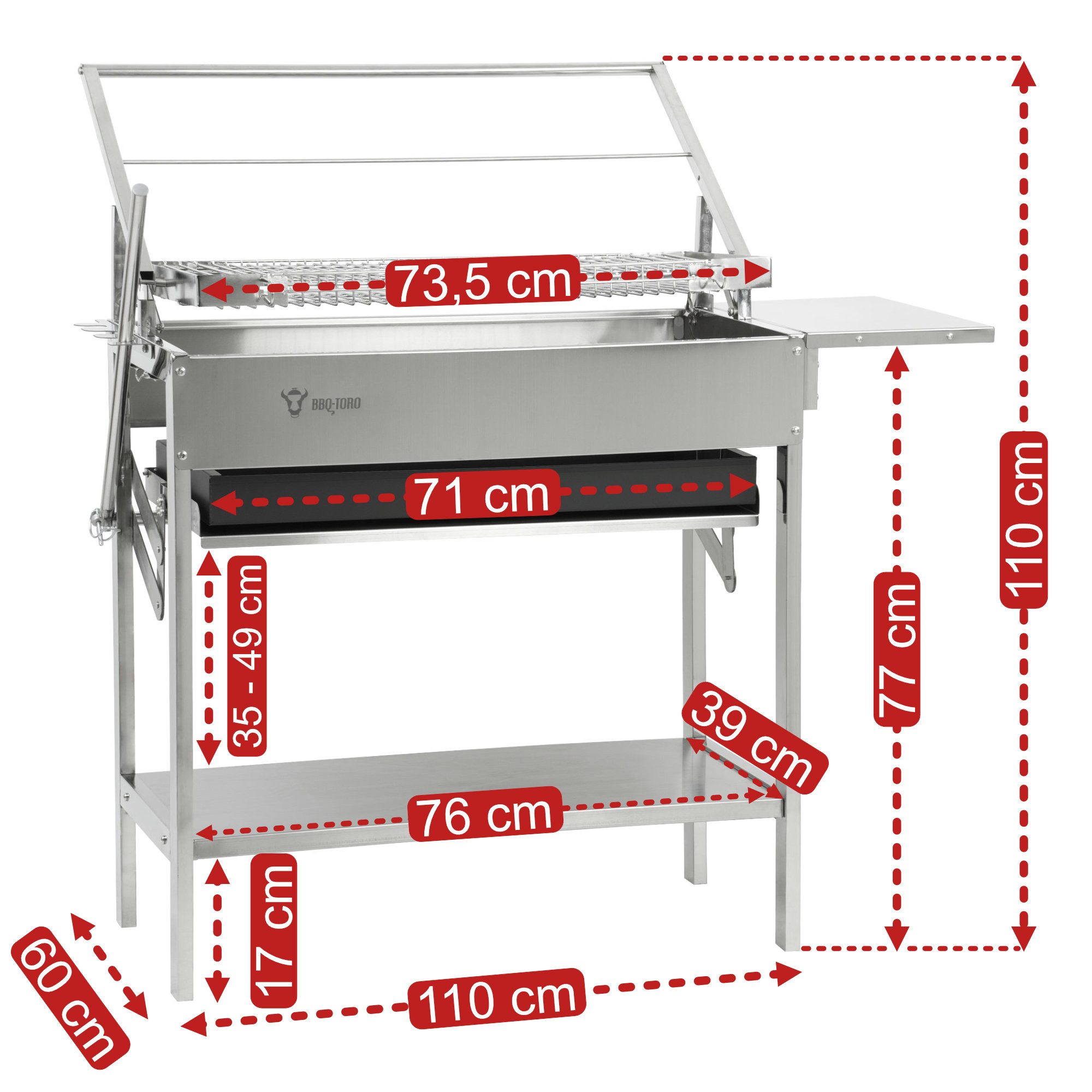 BBQ-Toro Holzkohlegrill Flip Grill mit 360° drehbarem Grillrost Edelstahl, 110 x 60 x 110 cm, 4-fach höhenverstellbare Kohlewanne