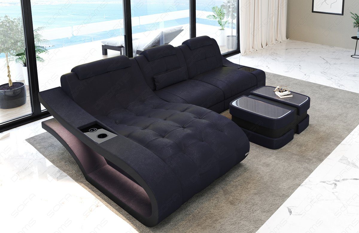 Bettfunktion mit Ecksofa Dreams - Sofa A Couch wahlweise Stoffsofa, Elegante L Stoff Form Polster Sofa dunkelblau-schwarz