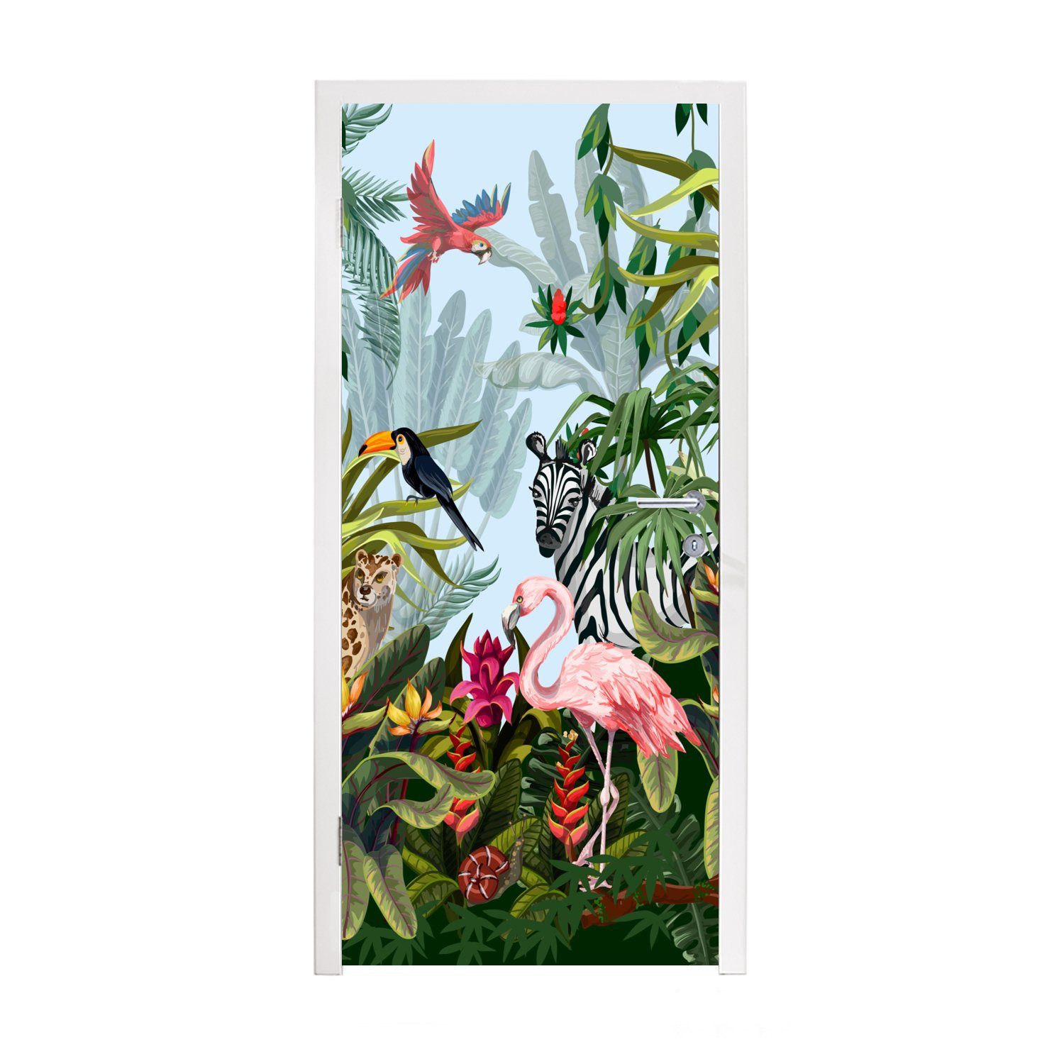 MuchoWow Türtapete Dschungel - Natur - Jungen - Mädchen - Kinder - Zebra - Flamingo, Matt, bedruckt, (1 St), Selbstklebende Tapete, Folie für Möbel, 75x205 cm