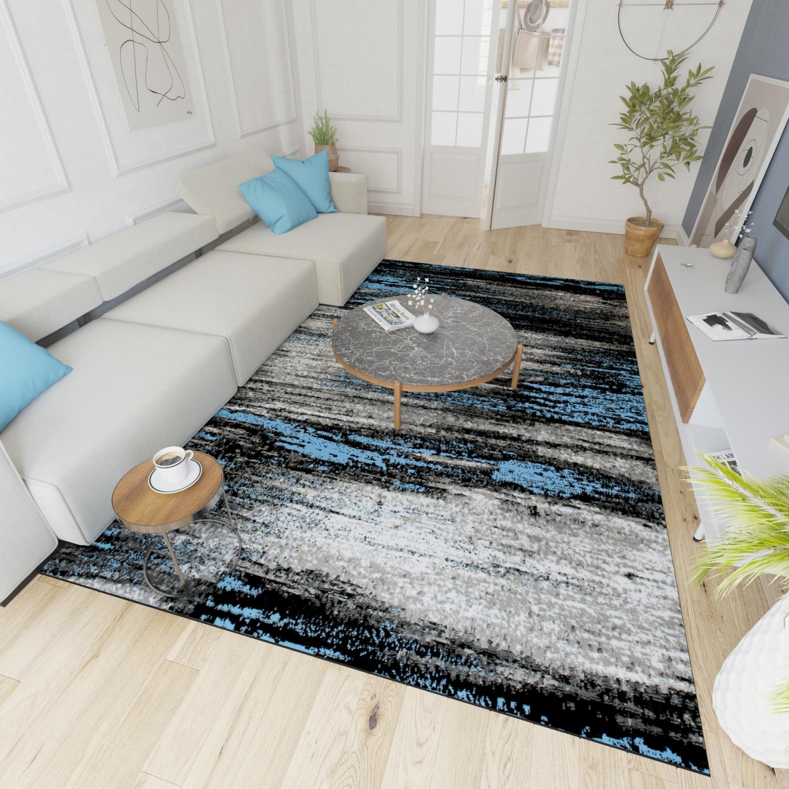 Mazovia Designteppich Modern Abstrakt Anthrazit Blau Wohnzimmer, Schlafzimmer, Esszimmer, Fußbodenheizung – Bild 4 von 5