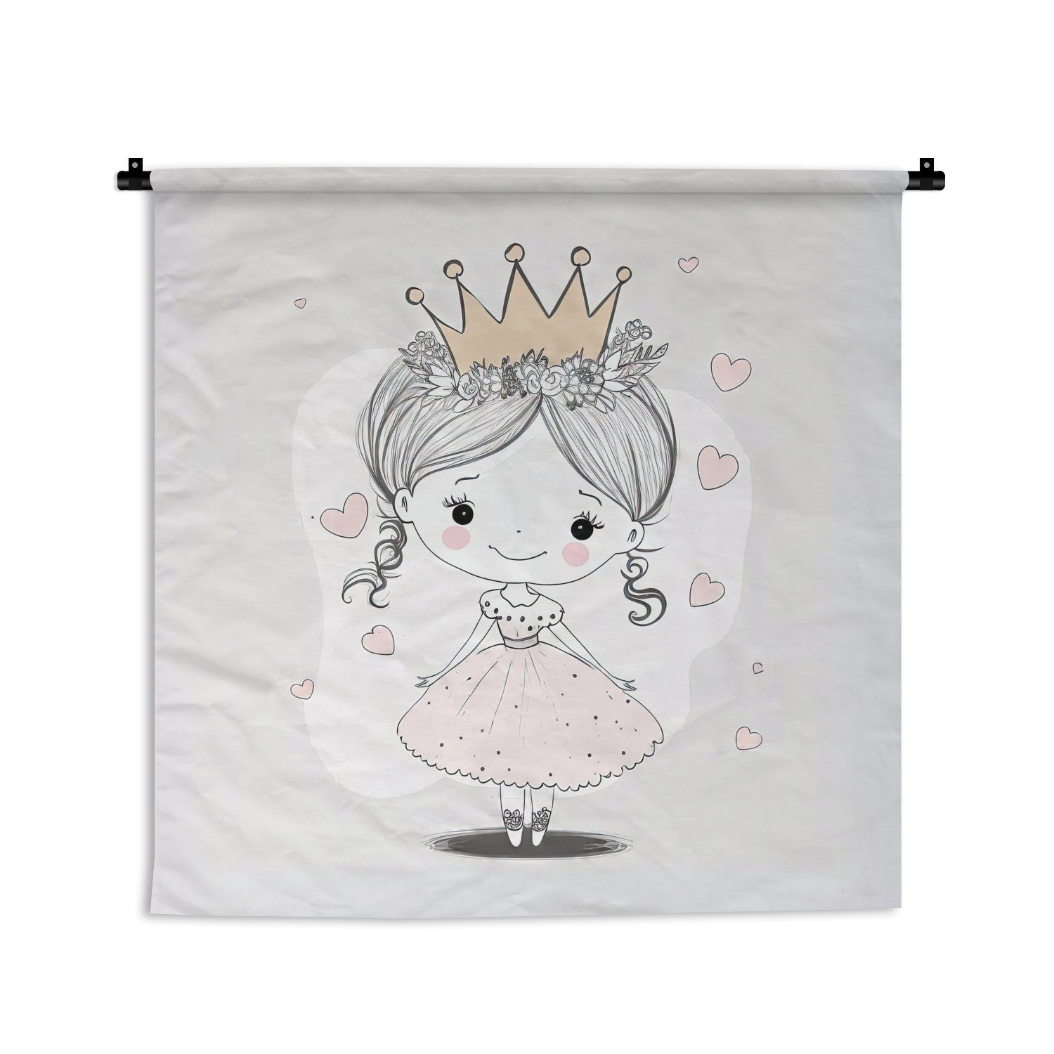 MuchoWow Wanddekoobjekt Prinzessin - Herzen - Blumen - Krone - Mädchen, Wanddeko für Wohnzimmer, Schlafzimmer, Kleid, Wandbehang, Kinderzimmer