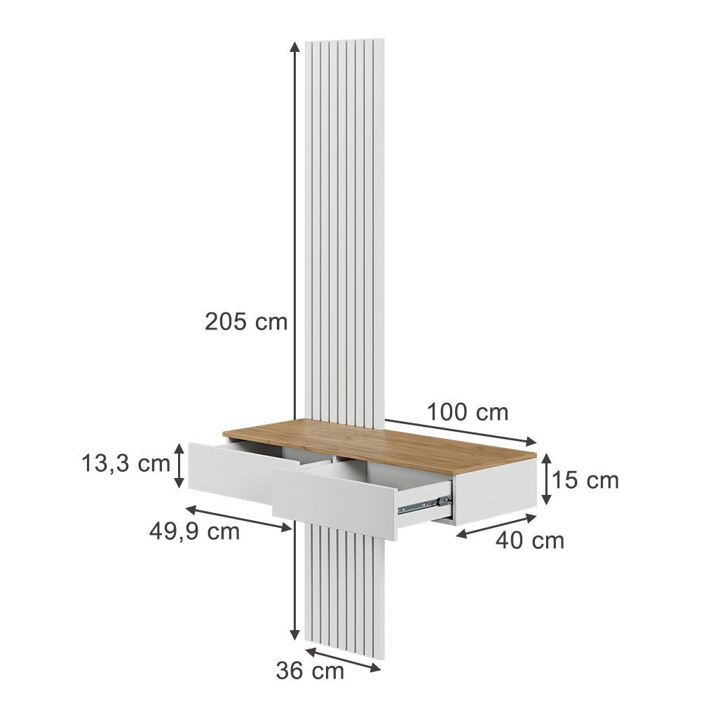 Vicco Schminktisch Melina, Weiß/Eiche, 100 cm mit 2 Schubladen (1-St)