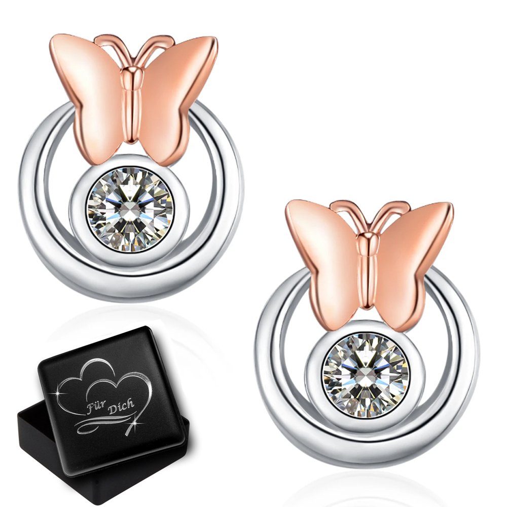 Limana Paar Ohrstecker echt für Ohrringe Steine Damen Silber 925 Kristall Zirkonia Rosegold Silberschmuck Sterling Schmetterling