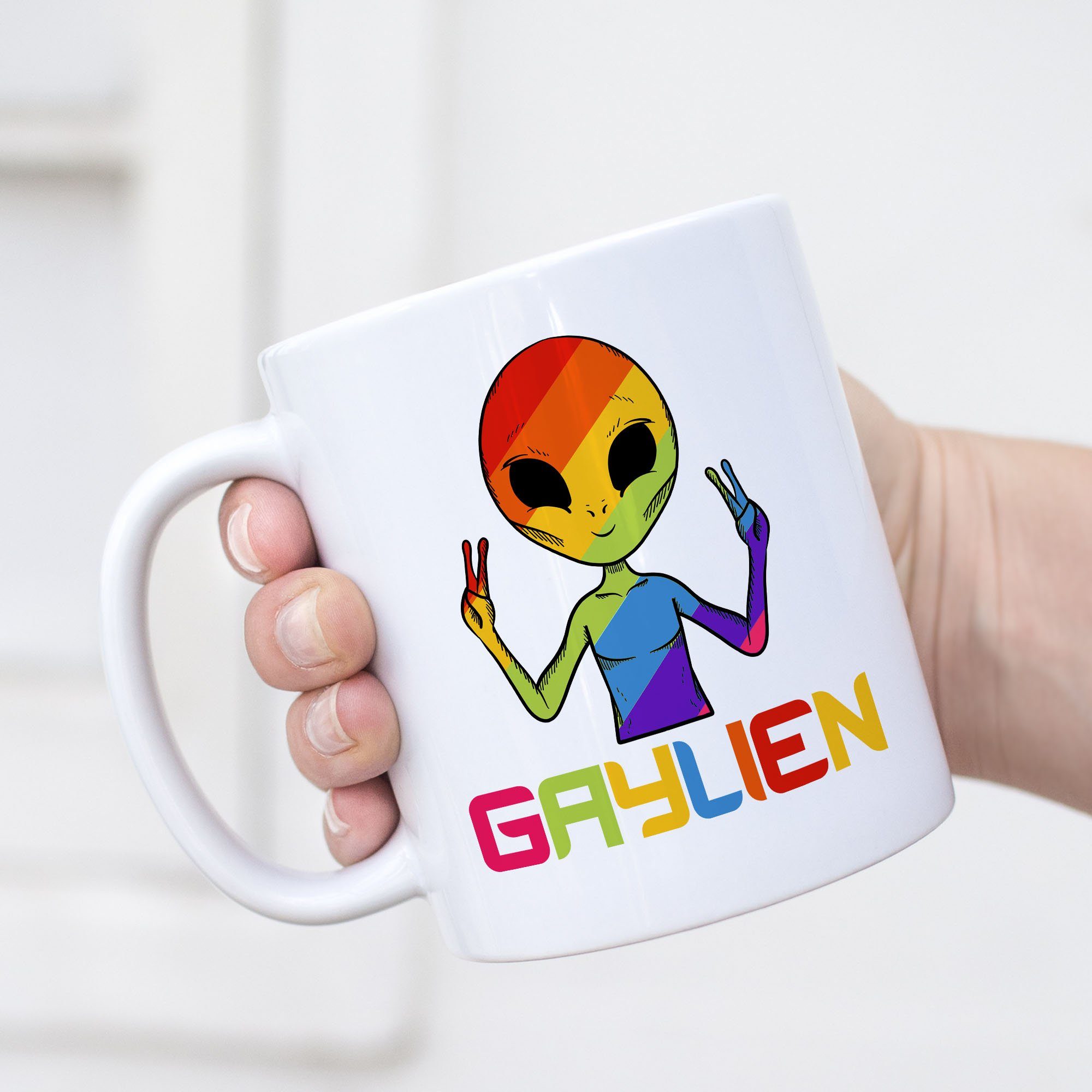 CSD Tasse Pride Gay Geschenk Hey!Print Pride Tasse Queer Week LGBTQ LGBT Homosexuell Weiß Gaylien