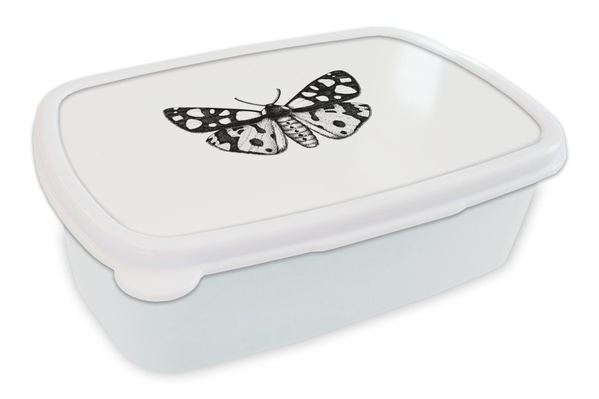 MuchoWow Lunchbox Schmetterling - Vintage - Schwarz und weiß, Kunststoff, (2-tlg), Brotbox für Kinder und Erwachsene, Brotdose, für Jungs und Mädchen