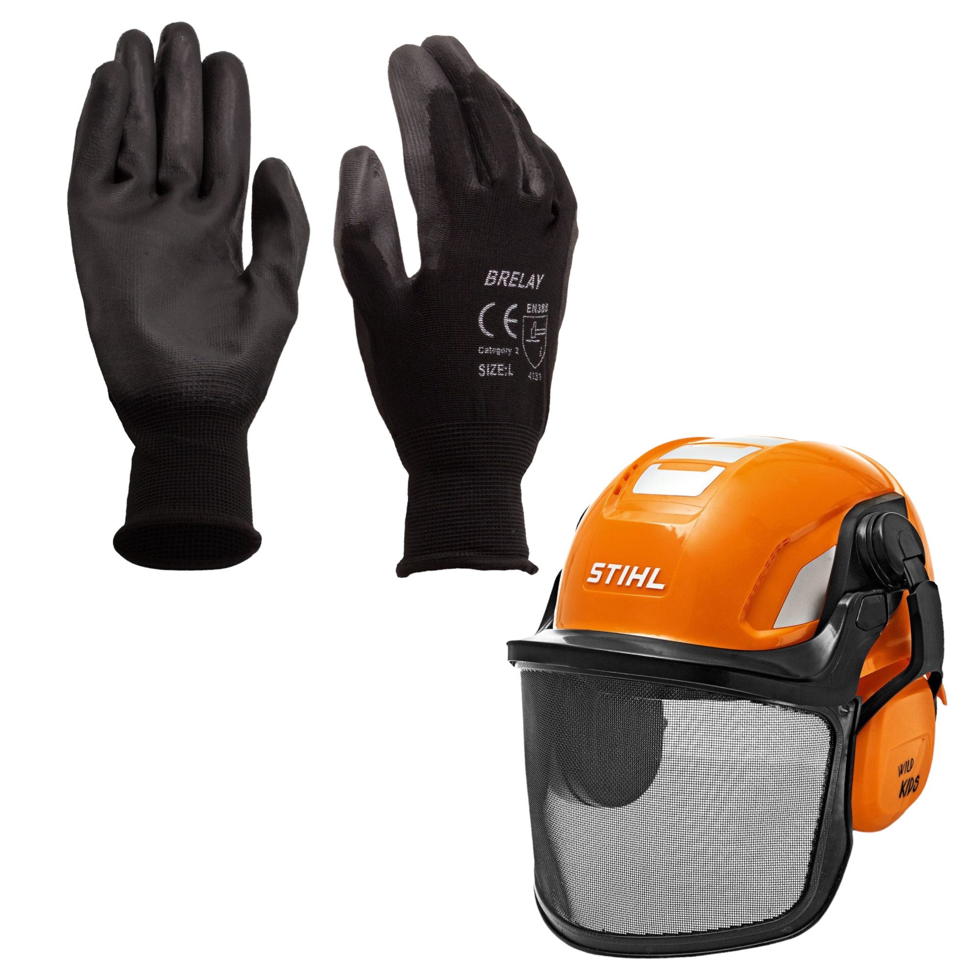 STIHL Forsthelm Set: 60x Arbeitshandschuhe Nylon K029 Gr.10 + Stihl Spielzeughelm