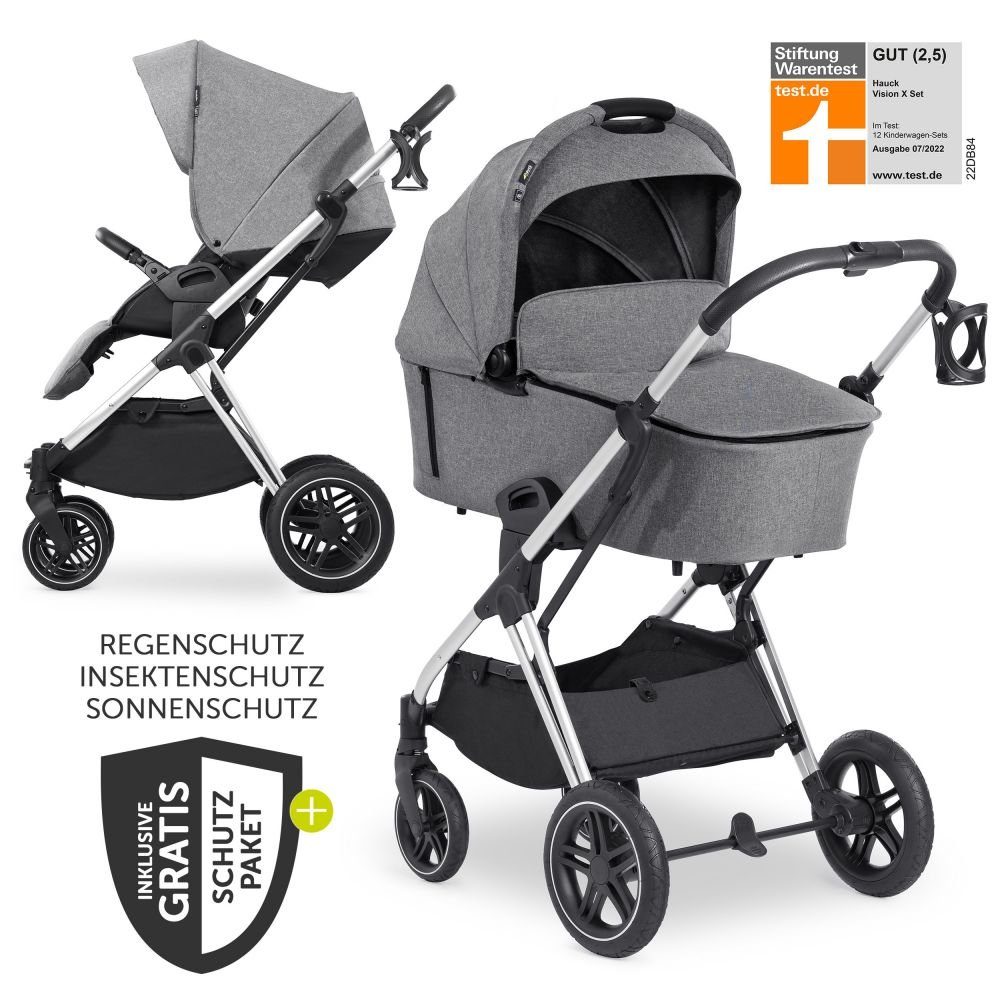 Hauck Kombi-Kinderwagen »Vision X Duoset Silver - Melange Grey«, (7-tlg), 2in1 Kinderwagen Buggy ...