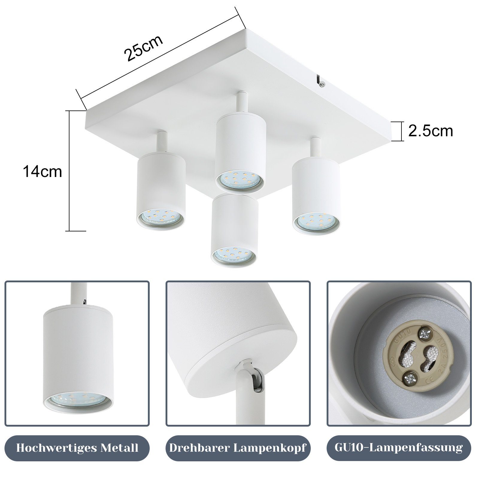 LED 4 Flammig Deckenlampe Wohnzimmer ohne Schlafzimmer, Wandstrahler Weiß GU10 330°Schwenkbar, Deckenspot ZMH Leuchtmittel, Spots Deckenstrahler Industrial für