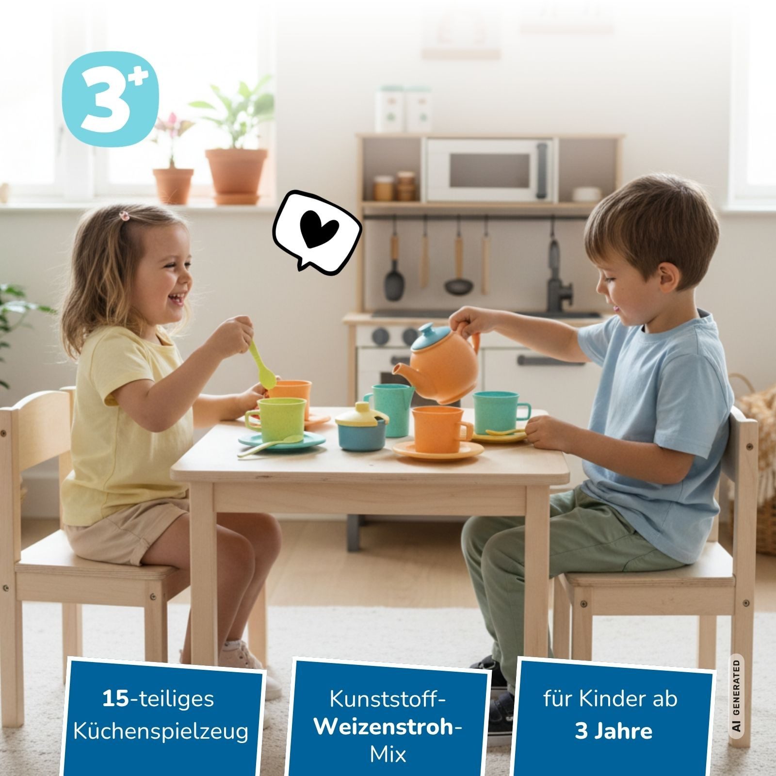 alldoro Spielgeschirr Kinderküchen Teeservice 15-teilig für Kinder ab 3 Jahren, Puppengeschirr aus Kunststoff- Weizenstroh Mix für Rollenspiele