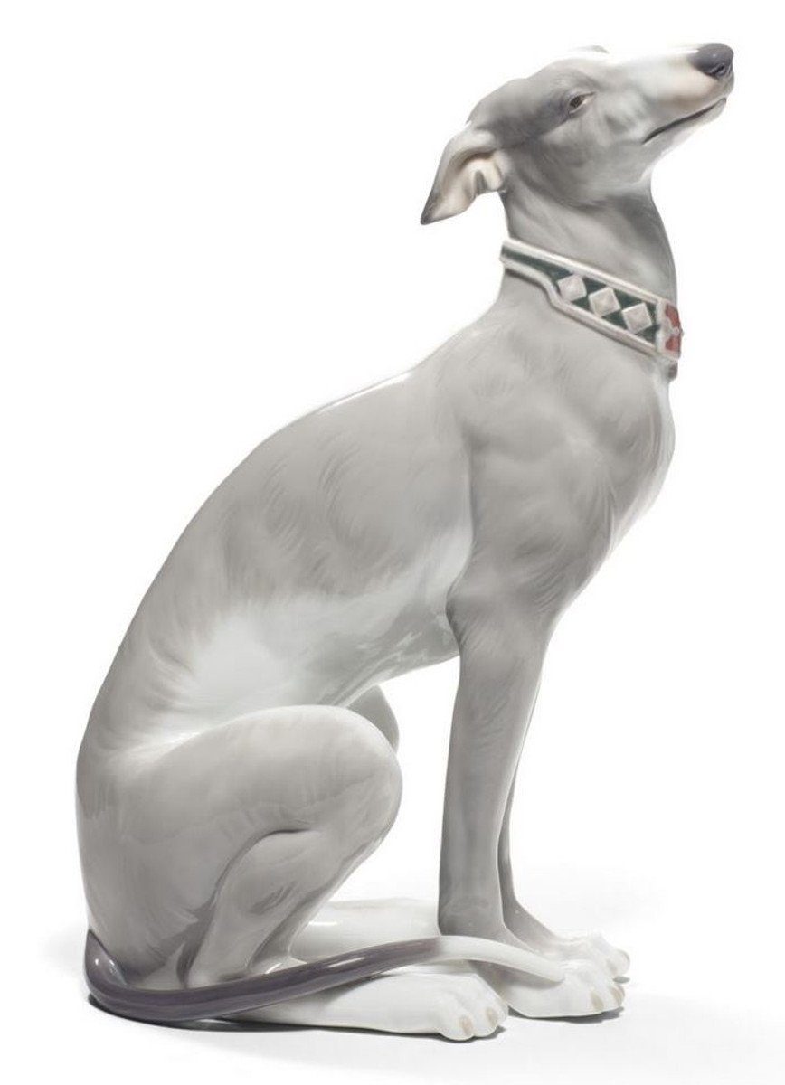 Casa Padrino Dekofigur Casa Padrino Luxus Porzellan Skulptur Windhund Grau / Weiß 11 x H. 30 cm - Handgefertigte & Handbemalte Luxus Deko Figur
