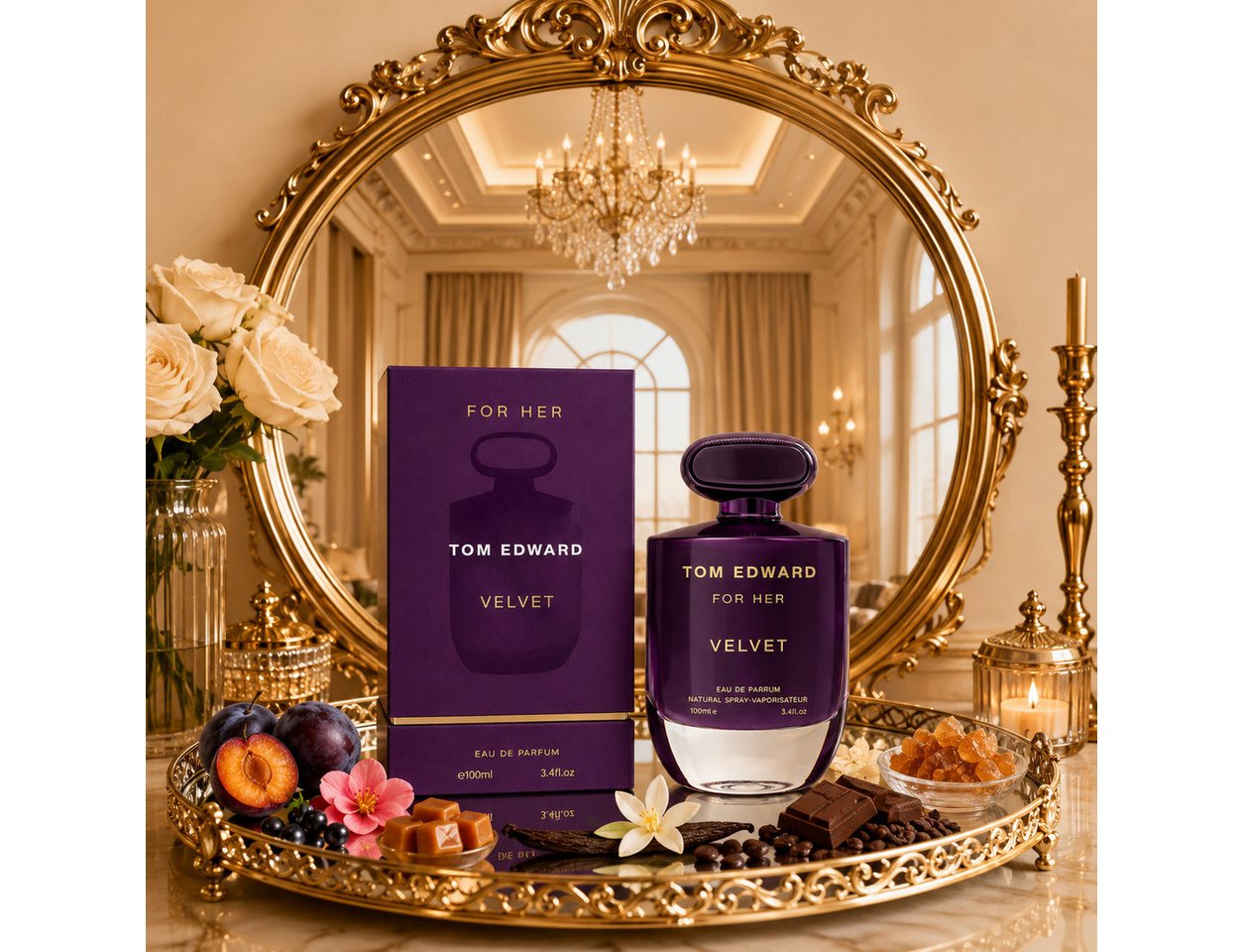 TOM EDWARD Eau de Parfum Tom Edward Velvet for Her Damenduft Fruchtig Süß Gourmand e100 ml, Hergestellt in UK, Luxus Damenduft, Langanhaltend, Schone Verpackung