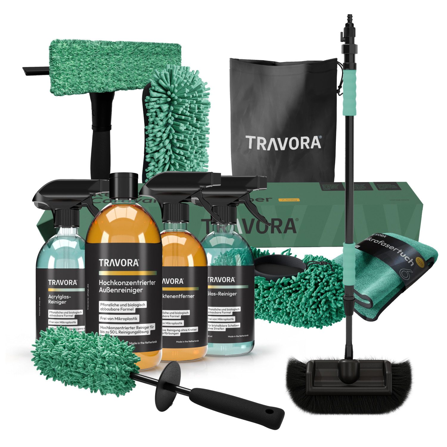 TRAVORA Reinigungs-Set Premium Caravan- und Autoreinigungsset -7-teilig inkl. Teleskopbürste, (11-St)