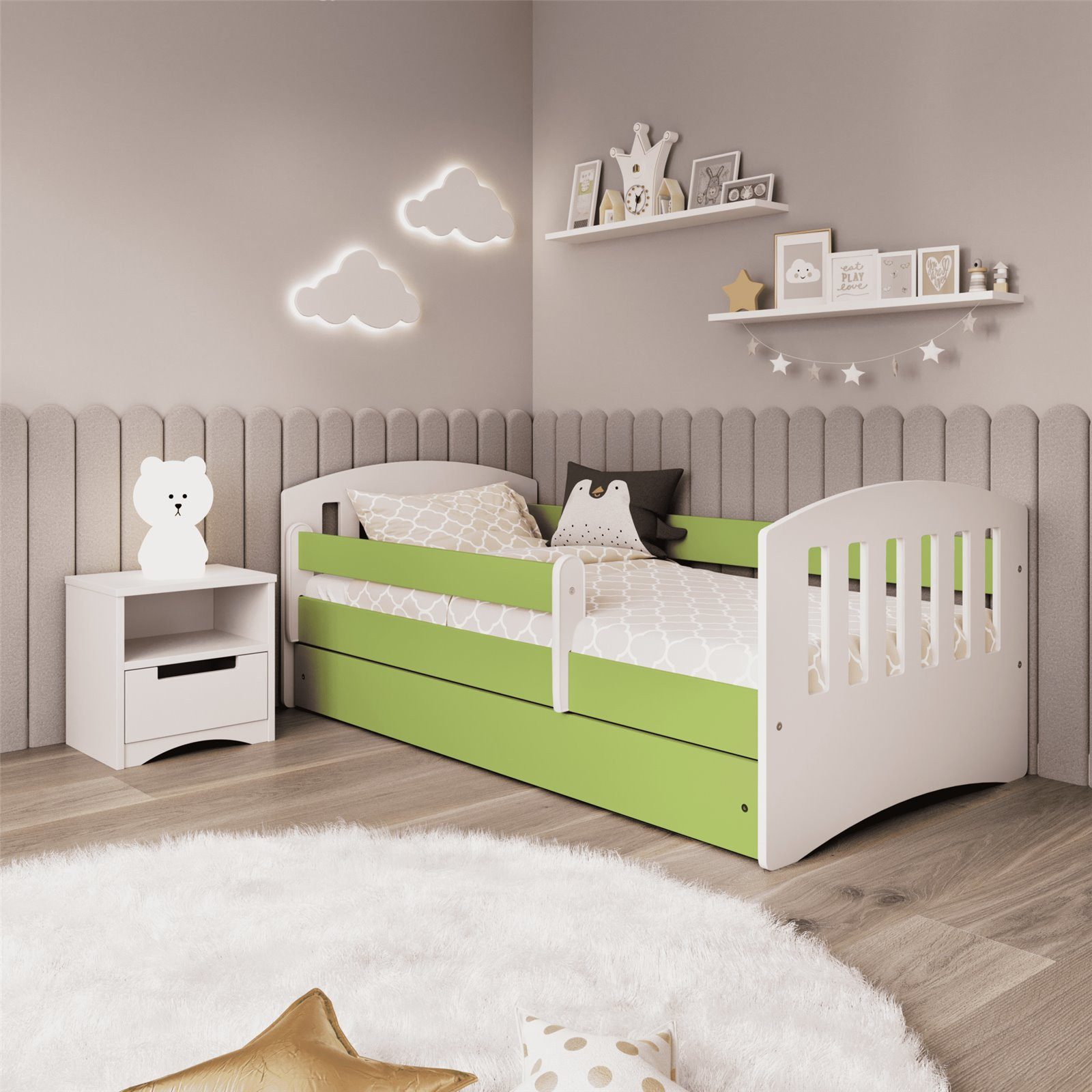 Bjird Kinderbett Classic 80x140cm 80x160cm 80x180cm (Packung, mit Rausfallschutz Schublade und Lattenrost), verschieden Farben für Mädchen und Jungen, (optional mit Matratze)