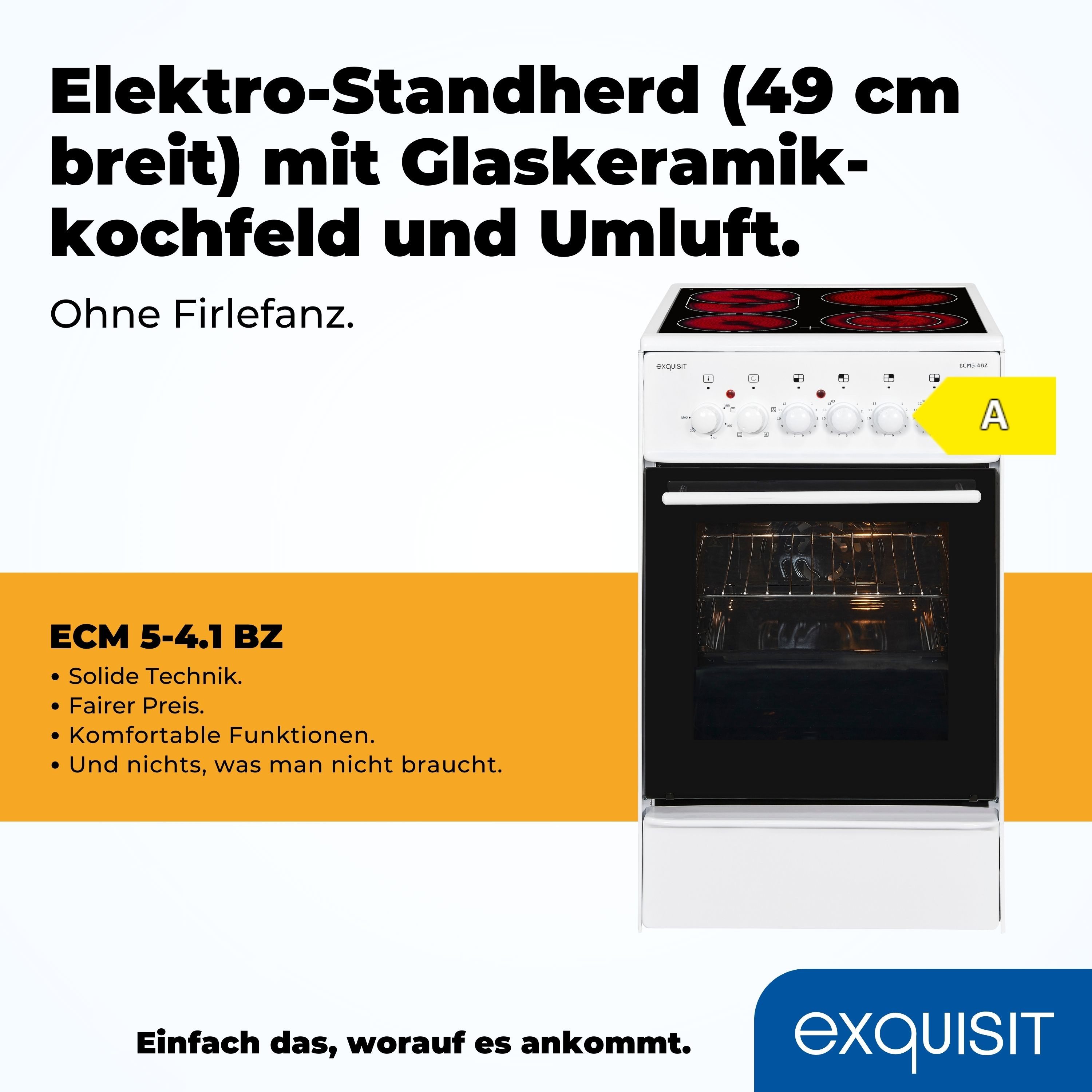 exquisit Elektro-Standherd ECM 5-4 BZ, Grill, Umluft, 2-Kreisbräter & Bräterzone ideal für flexibles Kochen