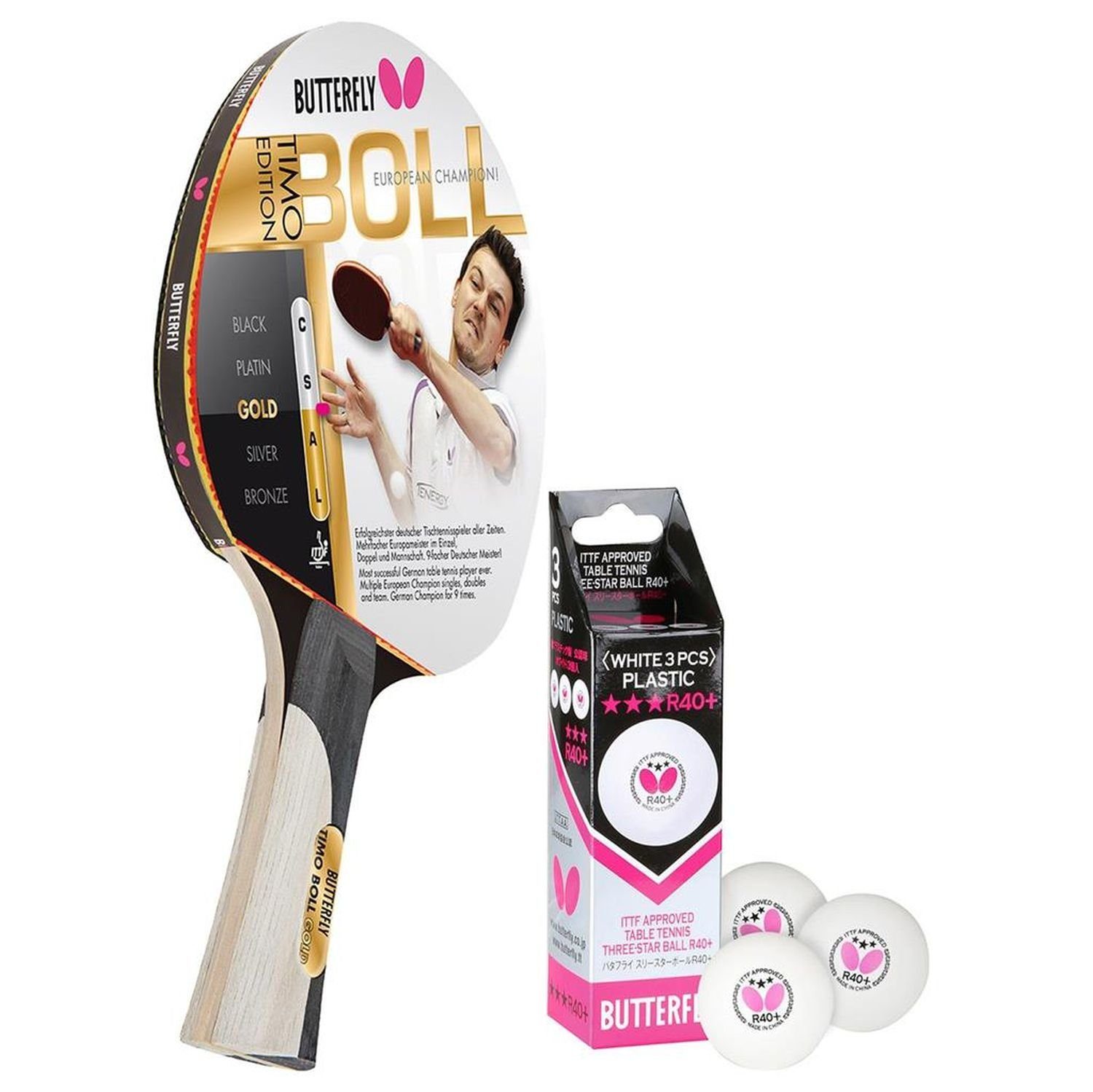 Butterfly Tischtennisschläger 1x Timo Boll Gold 85020 + М'ячі, Tischtennis Ракетки Set Tischtennisset Table Tennis Bat Racket