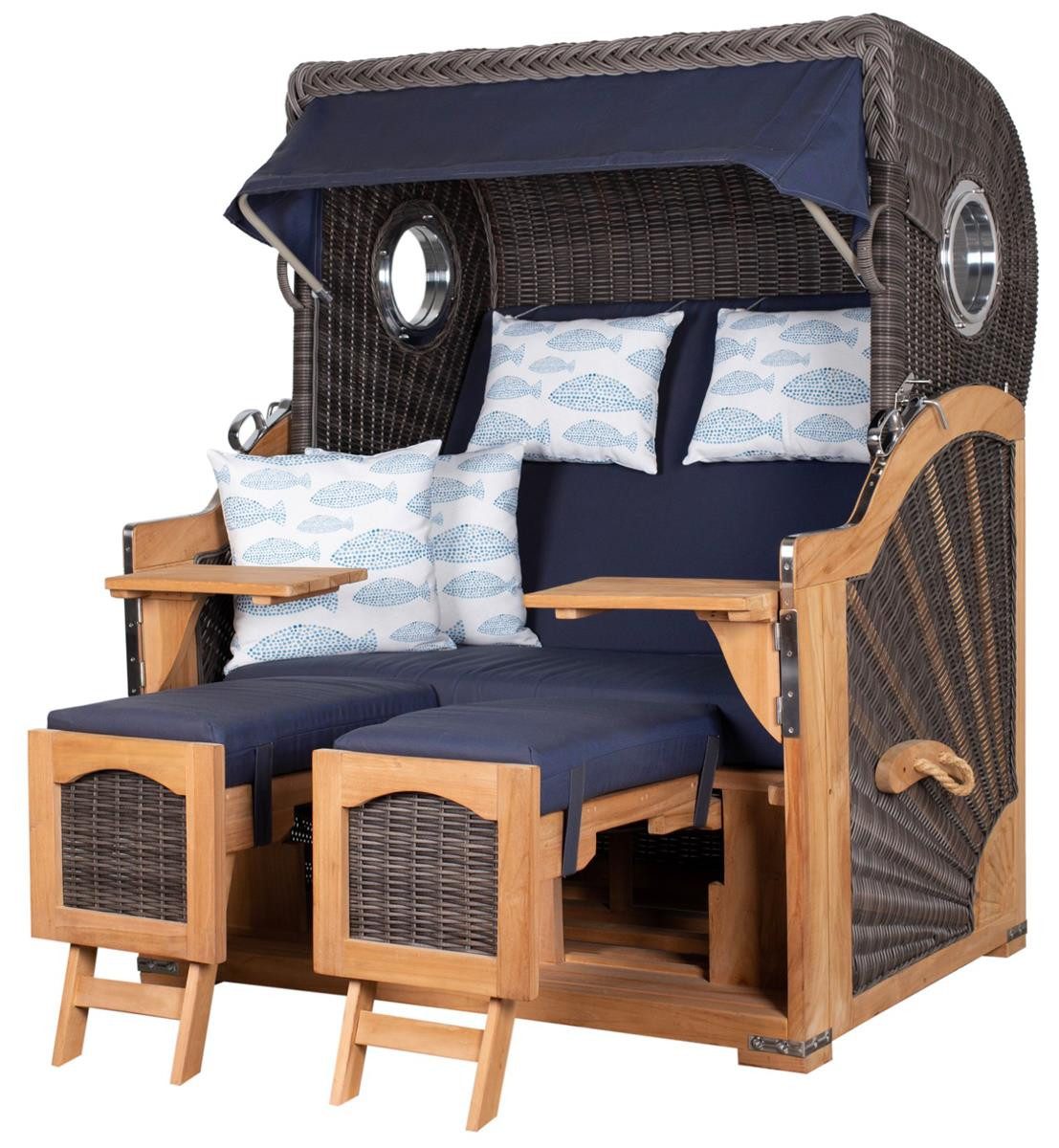 deVries PURE® Strandkorb Seemöwe XL - PE stone grey - Dessin 197, BxTxH: 140x95x160 cm, Halblieger, Ostsee-Strandkorb, Teakholz - Bullaugen - Kissenausstattung und Schutzhülle