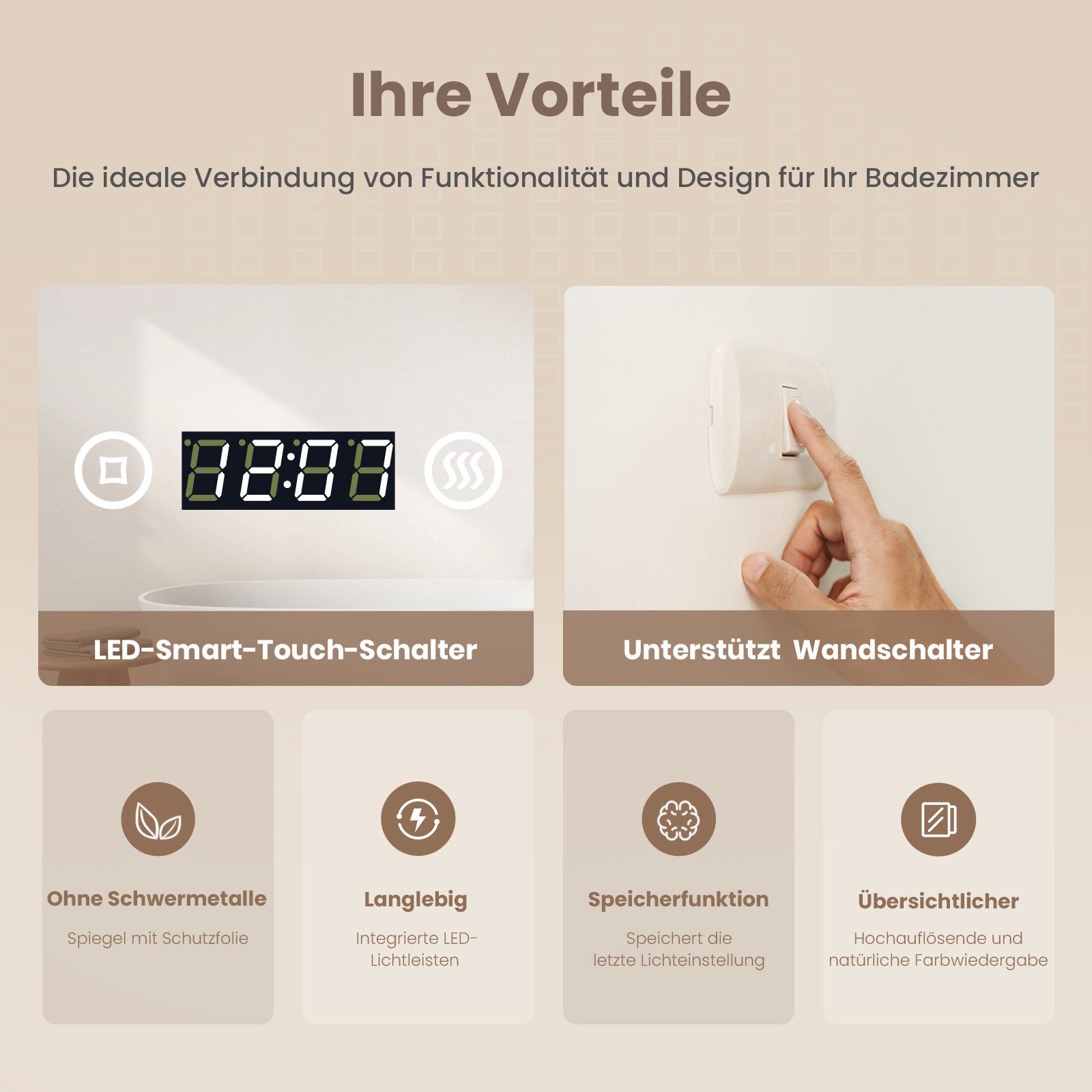 EMKE Badspiegel LED Badezimmerspiegel mit Beleuchtung Schminkspiegel 3-fach (Breite: 80~100cm, Touchschalter), 3 Lichtfarben, dimmbar, Antibeschlag, Uhr, Touch, – Bild 4 von 5