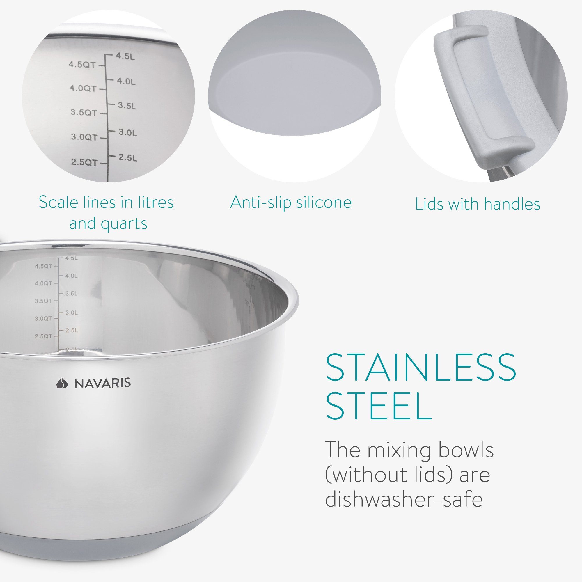 inkl. Salatschüssel Deckel mit Schüsselset Set - Edelstahlschüssel - Rührschüssel Aufbewahrungsschüssel, grau/grau Reibe - Schale 2x Edelstahl Navaris 3x