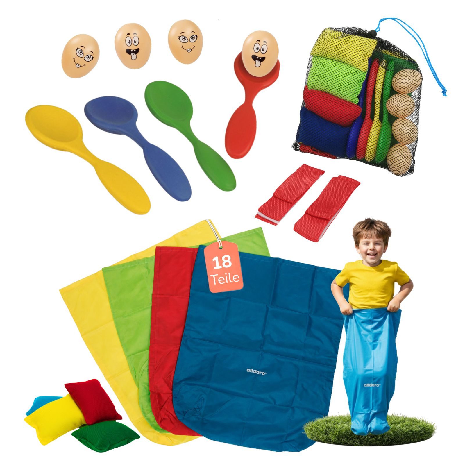 alldoro Spielesammlung Partyspiele Set für Kinder, Spielesammlung für Kindergeburtstag, 18-teilig mit Sackhüpfen, Eierlauf, Säckchen werfen und Dreibeinlauf